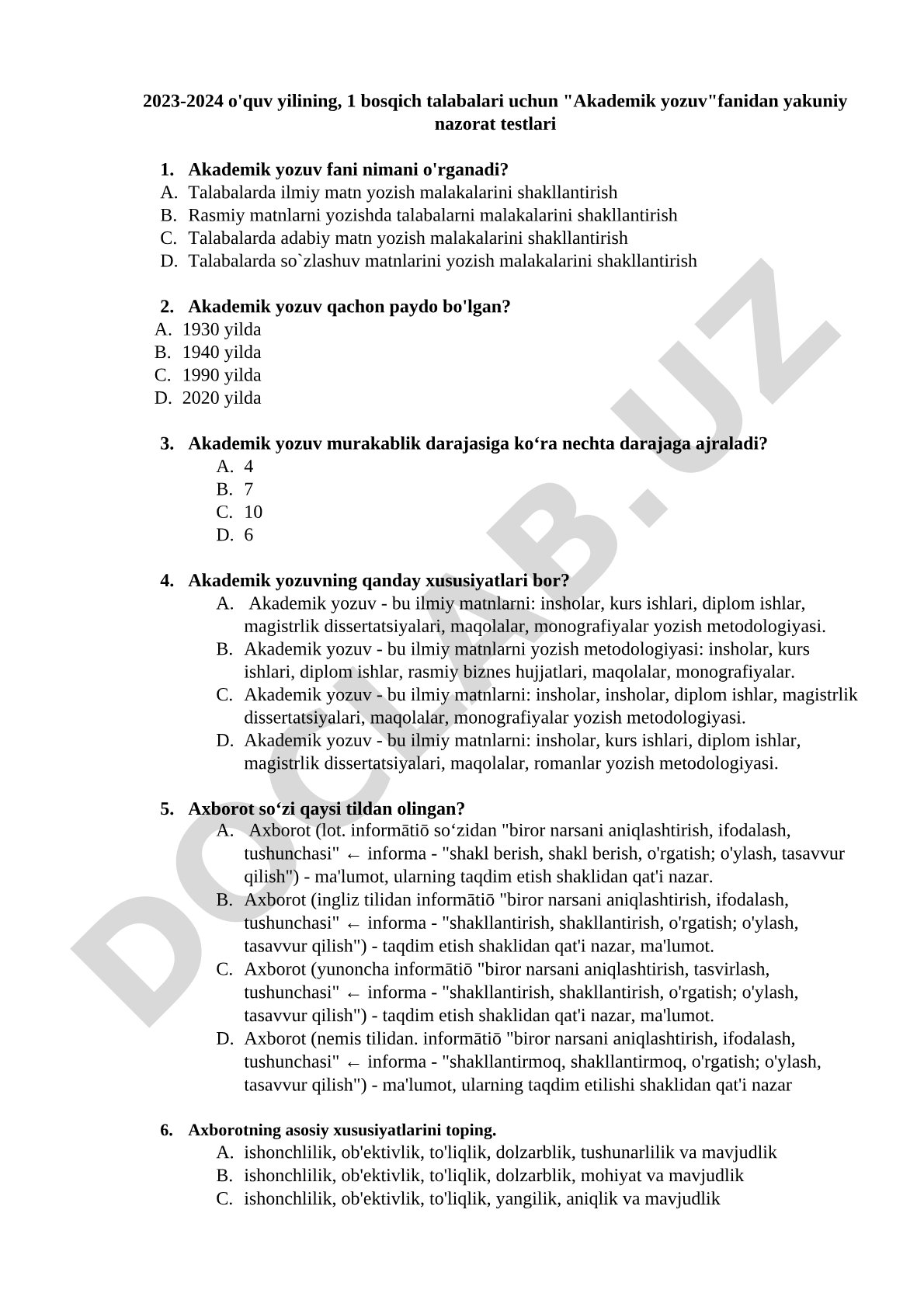 Akademik yozuv fanidan yakuniy nazorat testlari