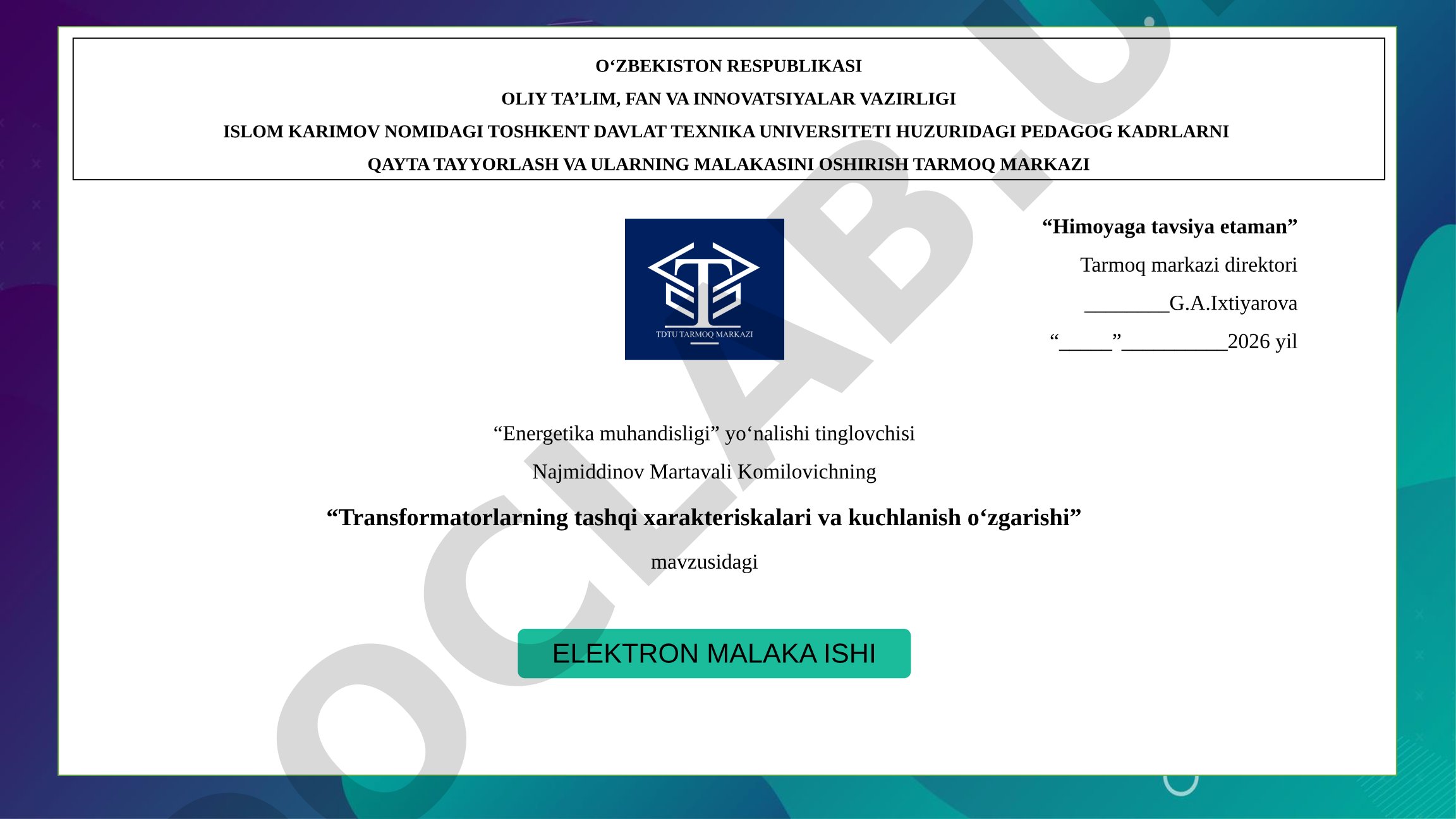 Transformatorlarning tashqi xarakteristikalari va kuchlanish o'zgarishi