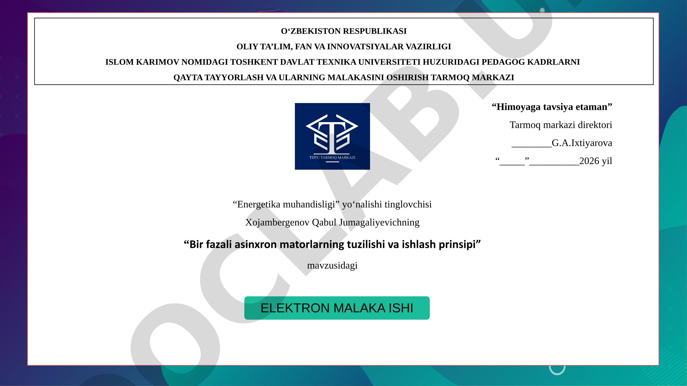 Bir fazali asinxron matorlarning tuzilishi va ishlash prinsipi