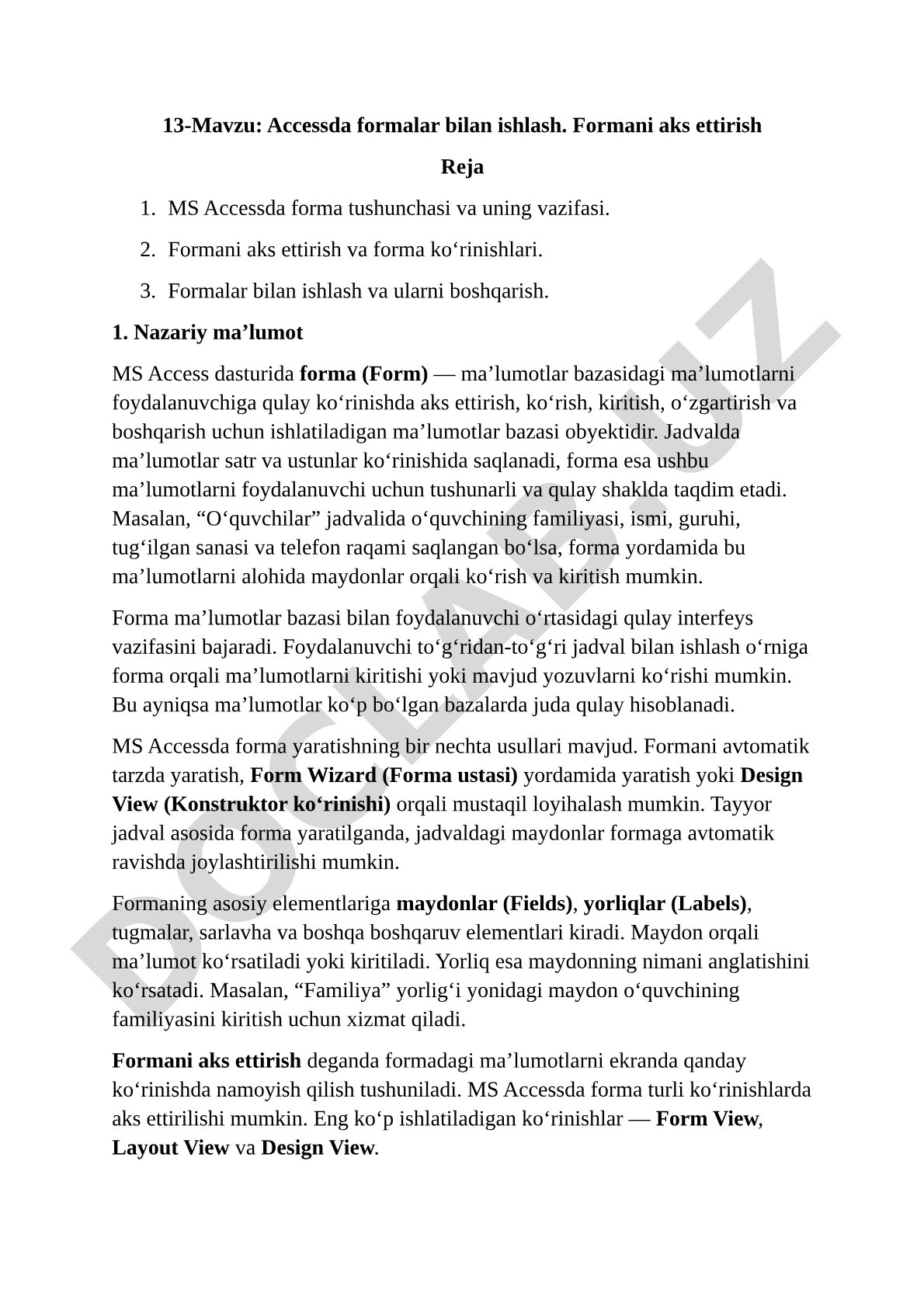 Accessda formalar bilan ishlash. Formani aks ettirish