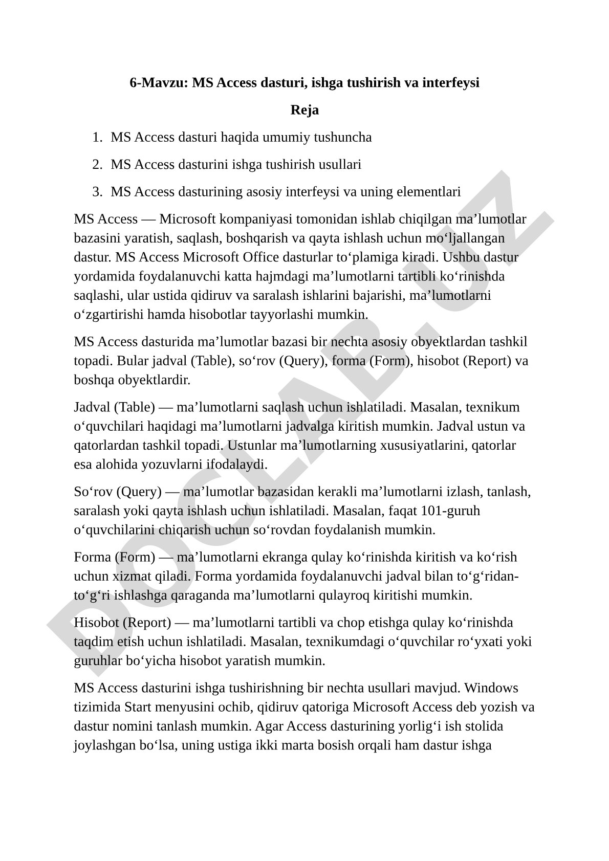 MS Access dasturi, ishga tushirish va interfeysi