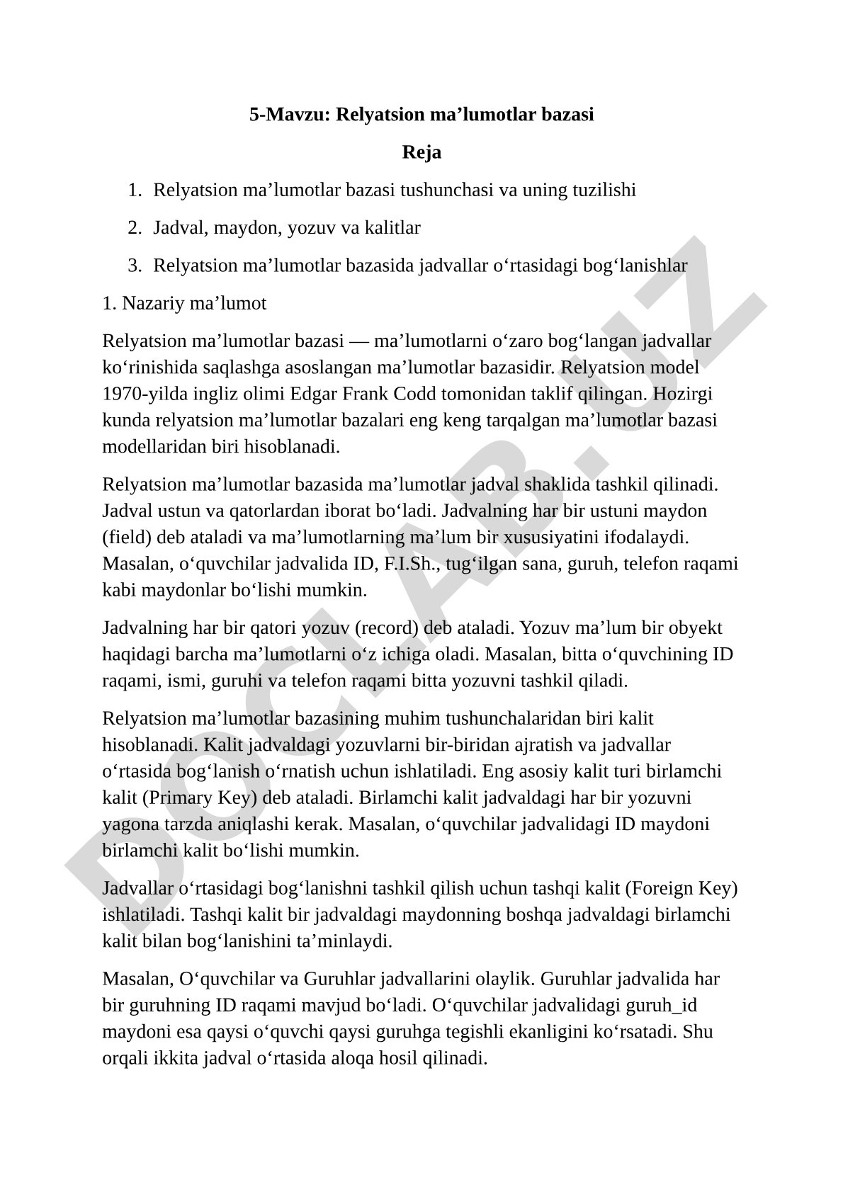 Relyatsion ma’lumotlar bazasi