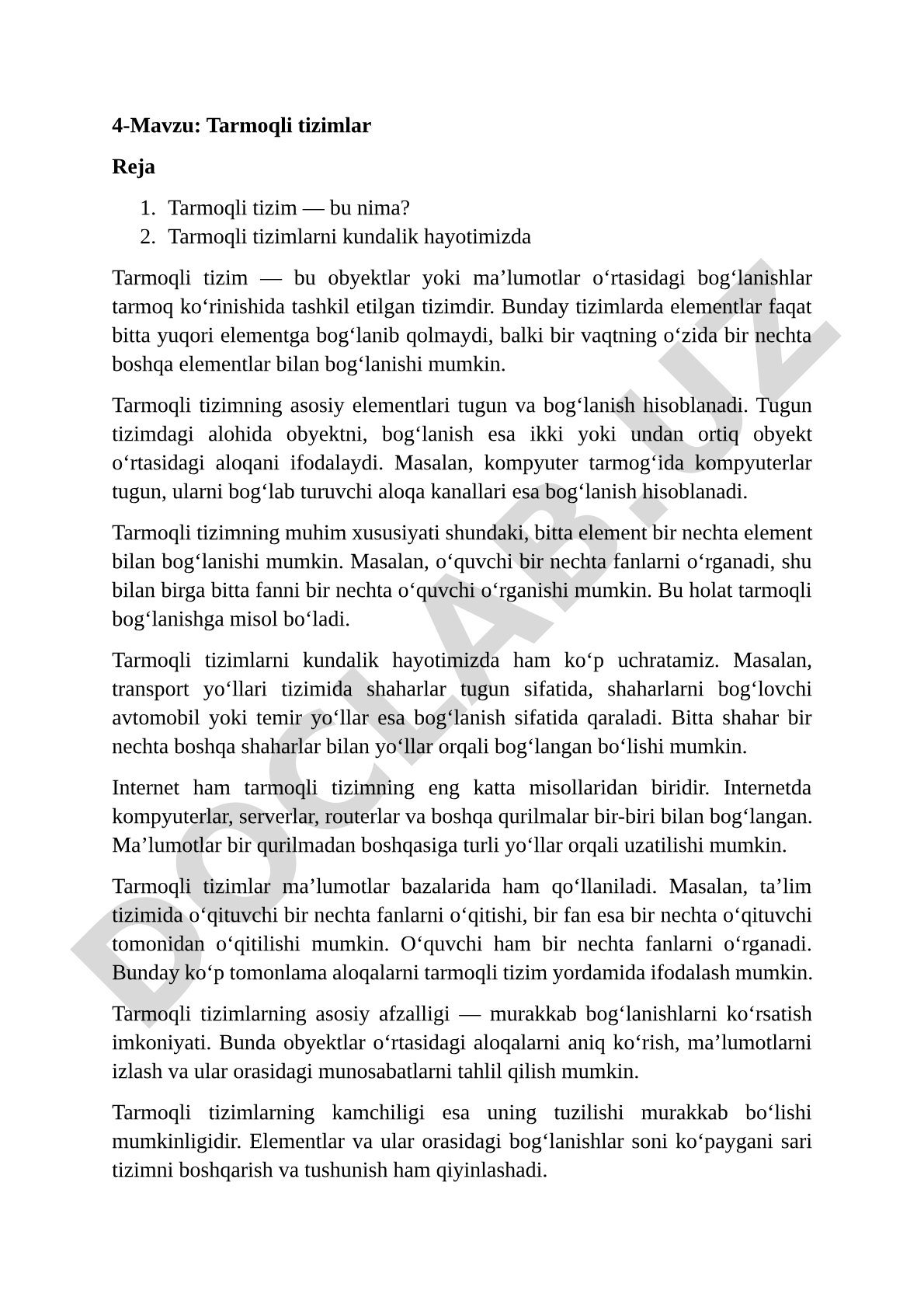 Tarmoqli tizim tushunchasi, elementlari va kundalik hayotdagi misollari