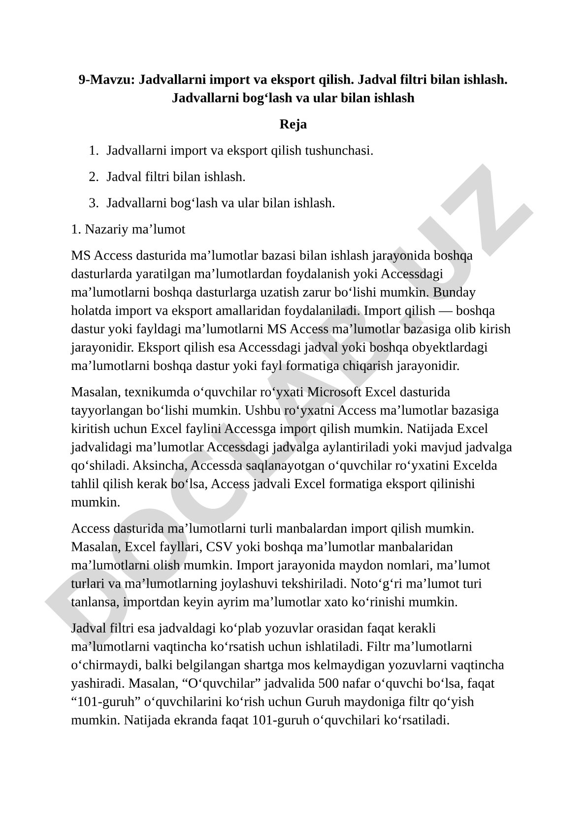 Jadvallarni import va eksport qilish. Jadval filtri bilan ishlash. Jadvallarni bog‘lash va ular bilan ishlash