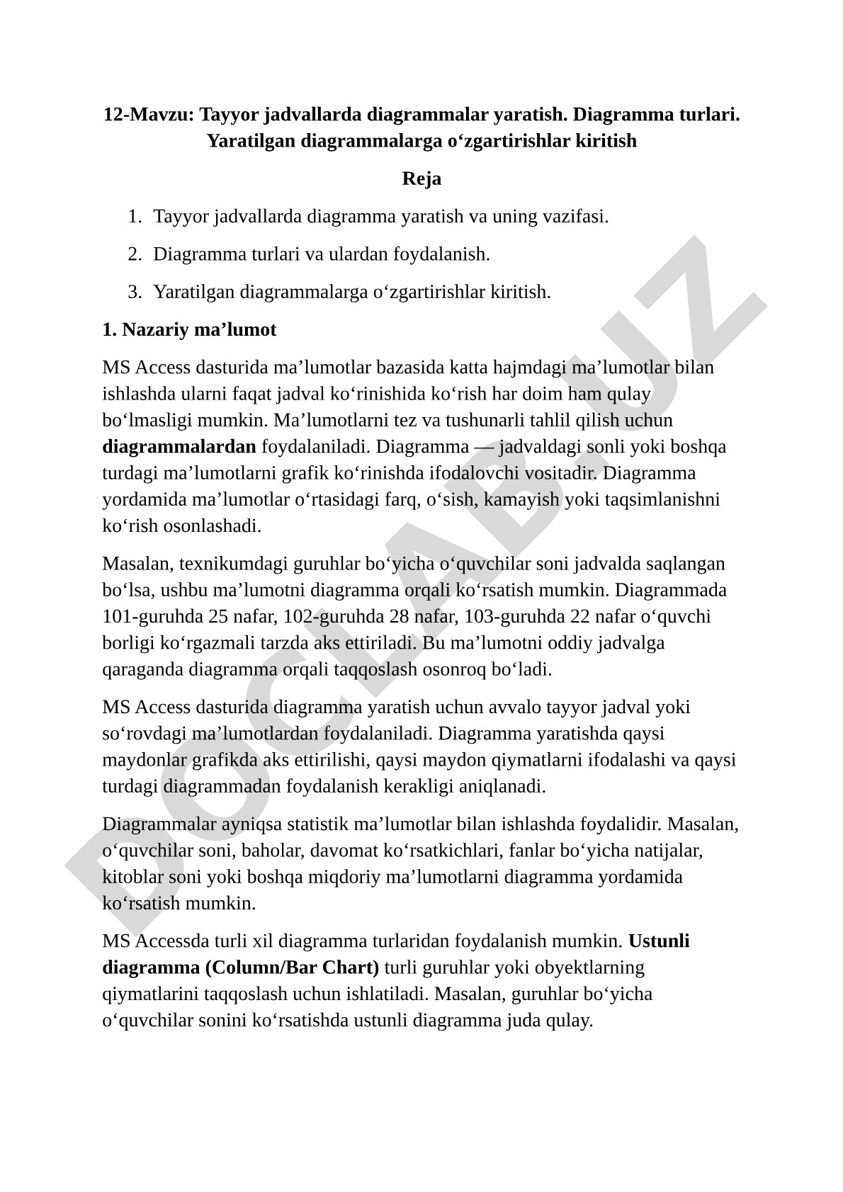 Tayyor jadvallarda diagrammalar yaratish. Diagramma turlari. Yaratilgan diagrammalarga o'zgartirishlar kiritish