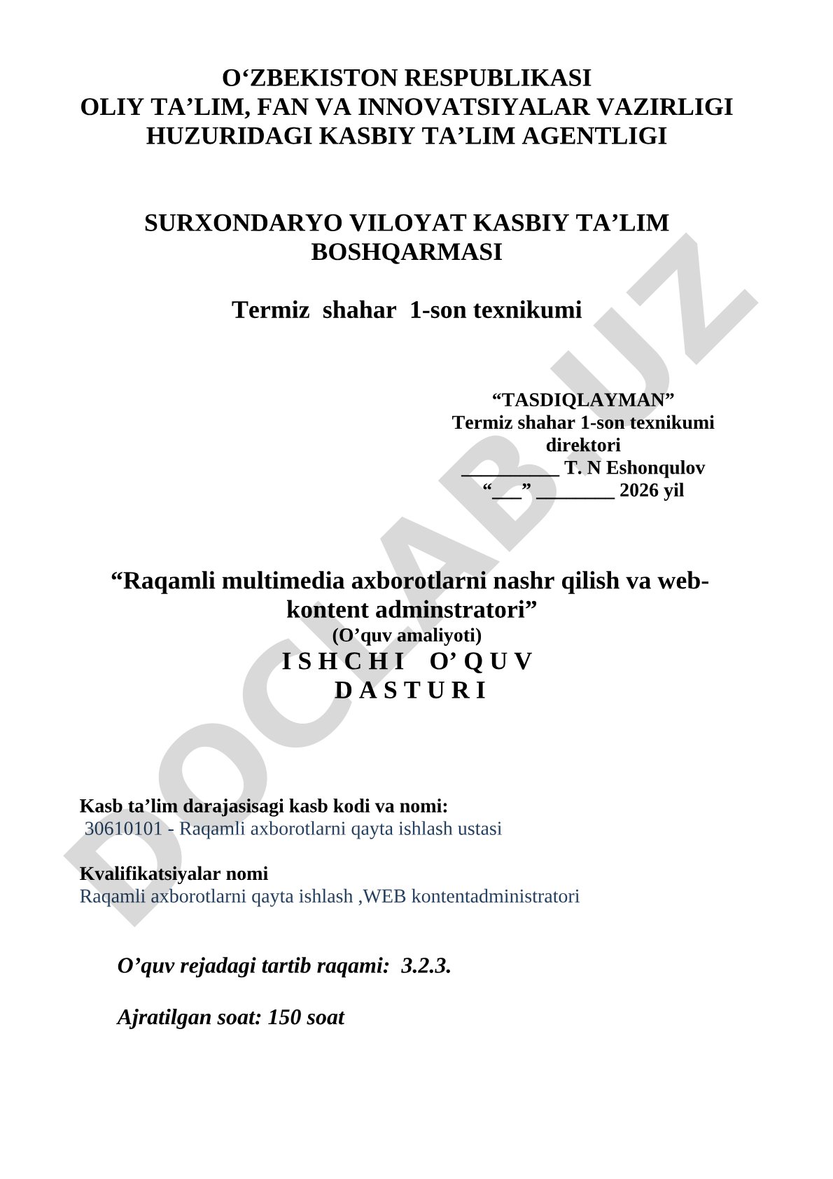 Raqamli multimedia axborotlarni nashr qilish va web-kontent adminstratori o’quv amaliyoti