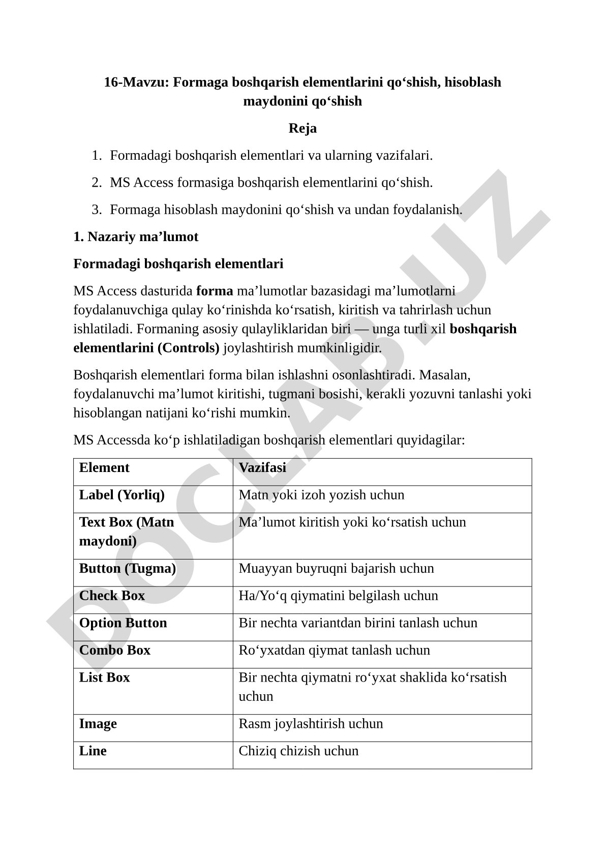 Formaga boshqarish elementlarini qo‘shish, hisoblash maydonini qo‘shish