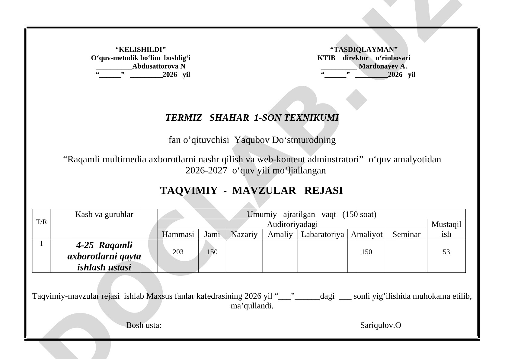 Raqamli multimedia axborotlarni nashr qilish va web-kontent adminstratori taqvimiy-mavzular rejasi