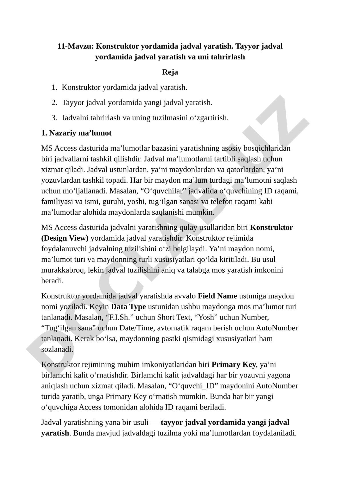 Konstruktor yordamida jadval yaratish. Tayyor jadval yordamida jadval yaratish va uni tahrirlash