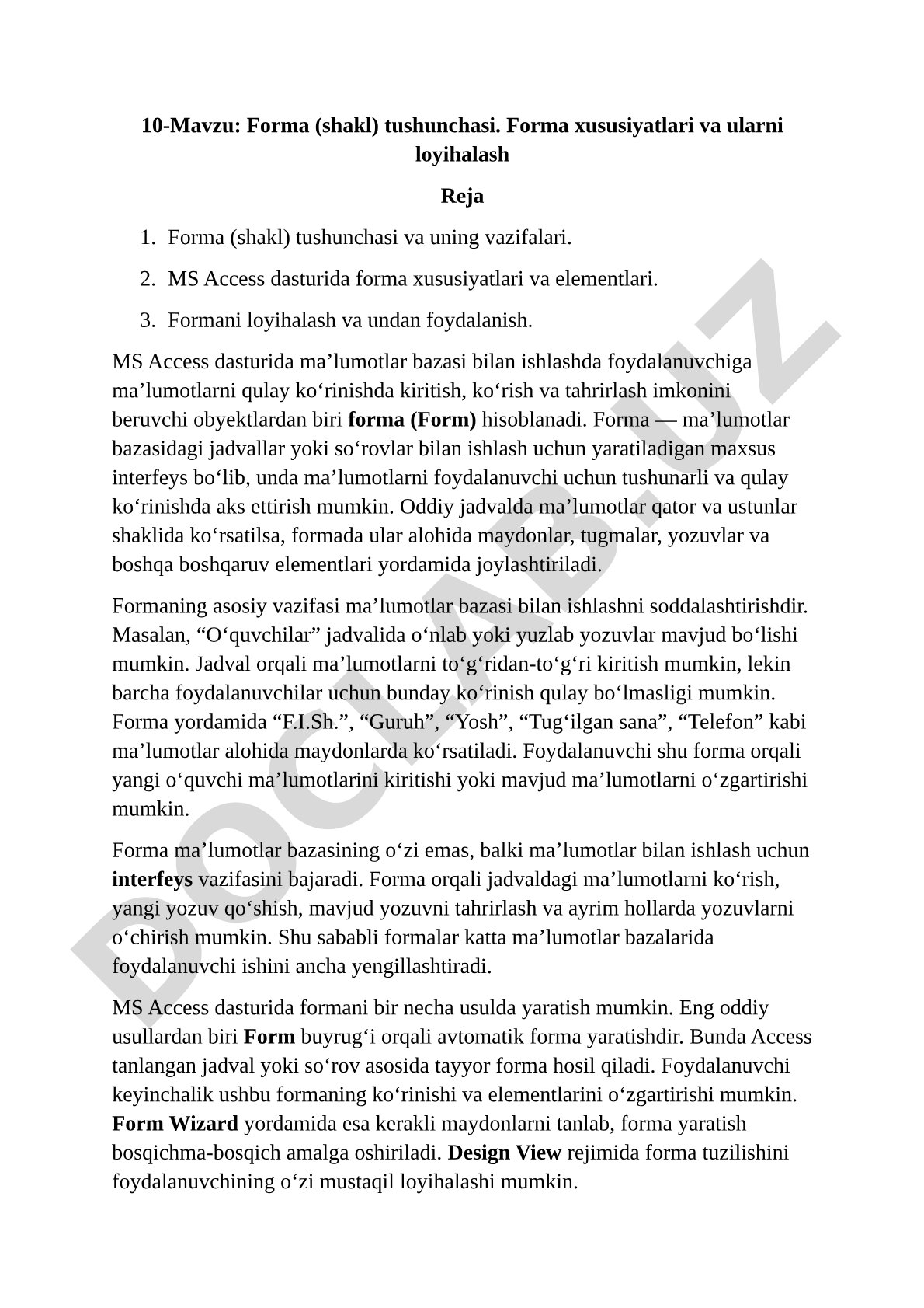 Forma (shakl) tushunchasi. Forma xususiyatlari va ularni loyihalash