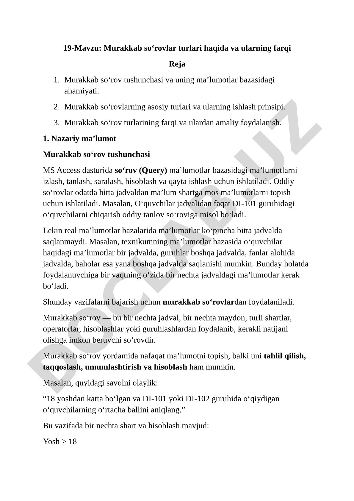 Murakkab so'rovlar turlari haqida va ularning farqi