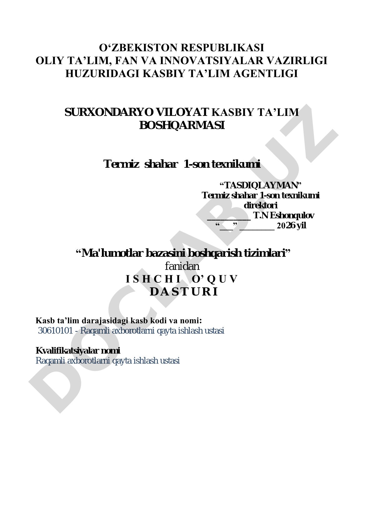 Ma'lumotlar bazasini boshqarish tizimlari fanidan ishchi o'quv dasturi