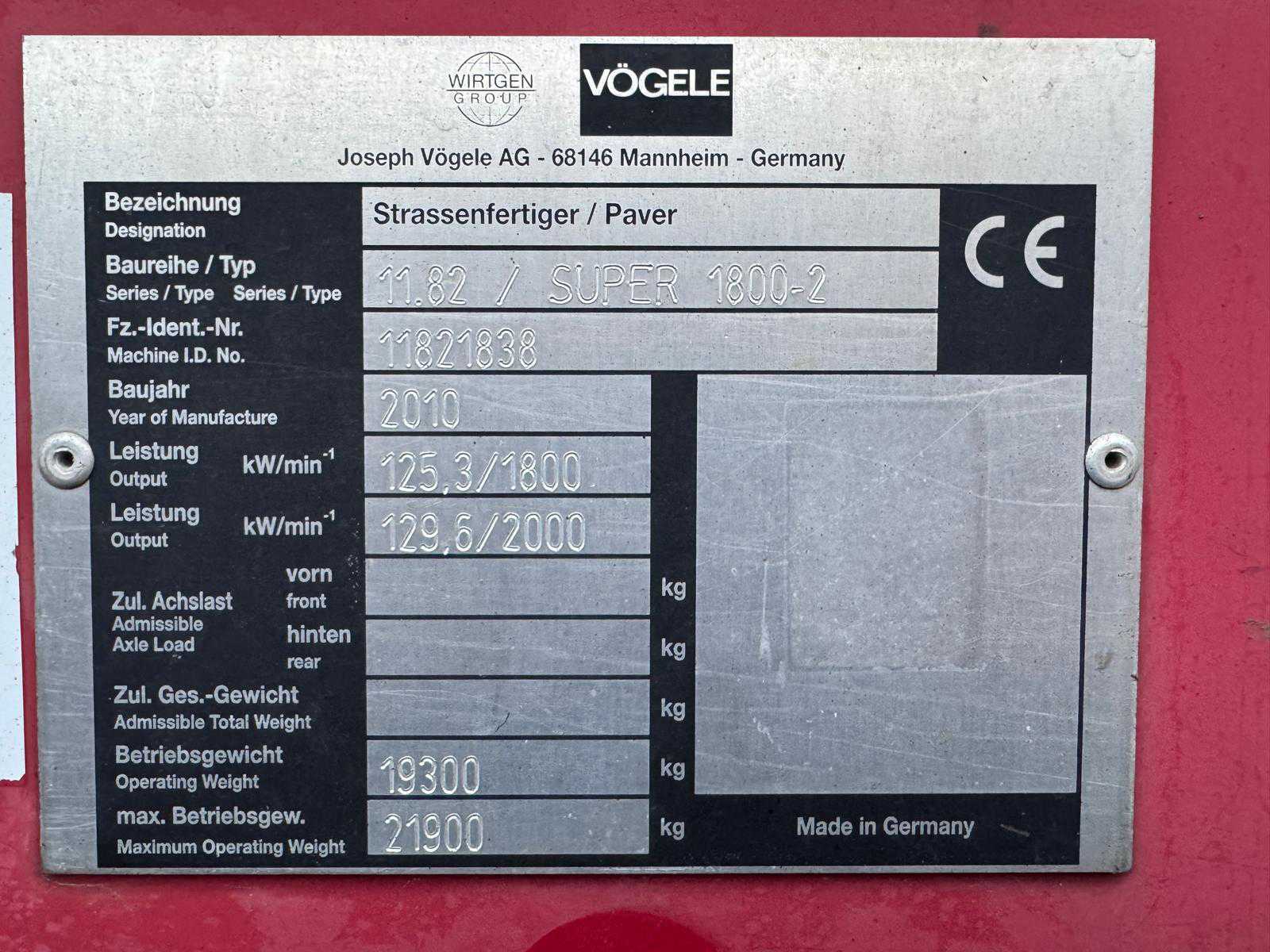 Vogele Super 1800-2 asfalteermachine (2010) met AB500 screed, 5 m werkbreedte