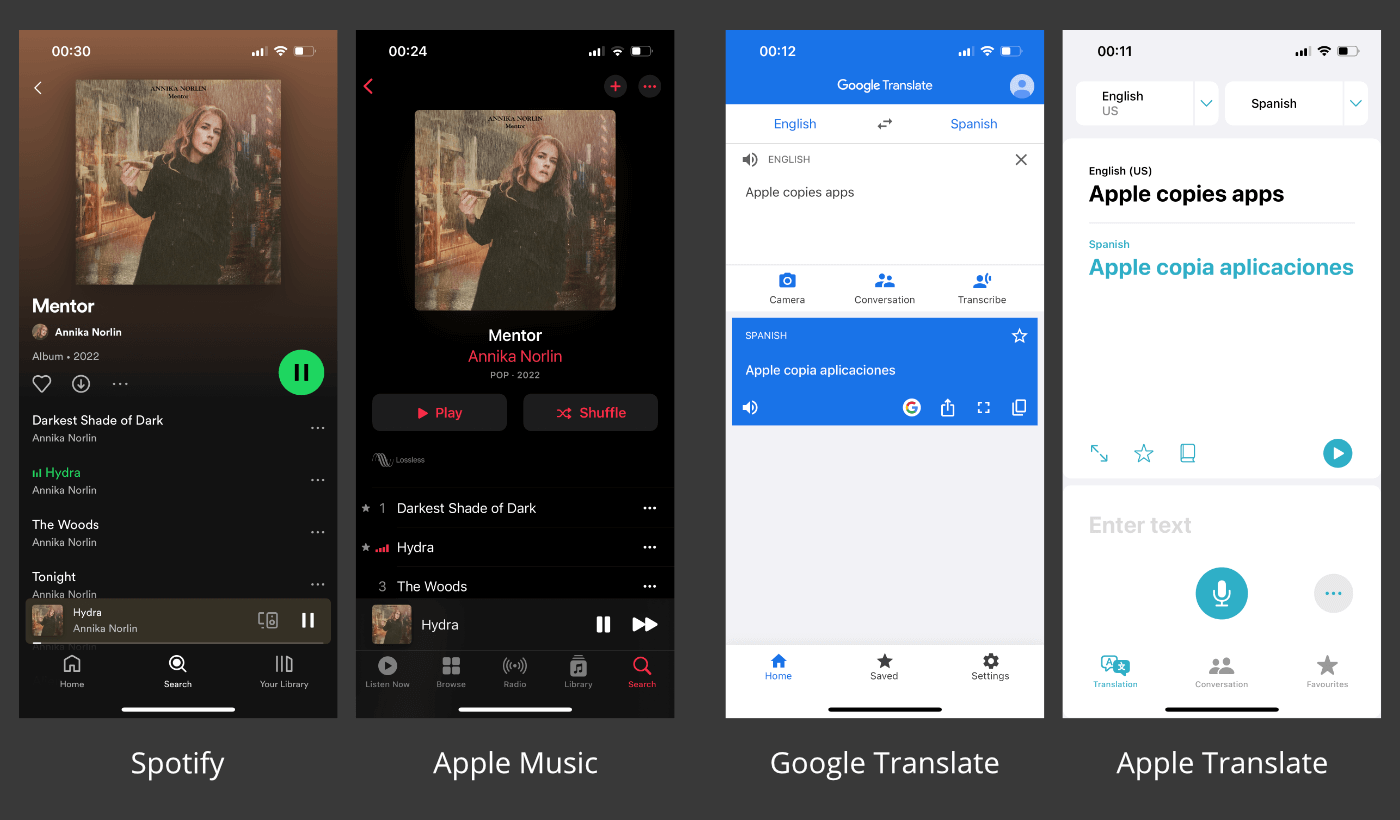 Screenshots of Spotify, Apple Music, Google Translate and Apple Translate