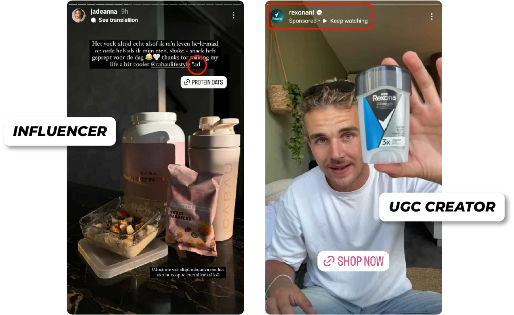 Comparación entre un anuncio de influencer y un anuncio UGC en Instagram