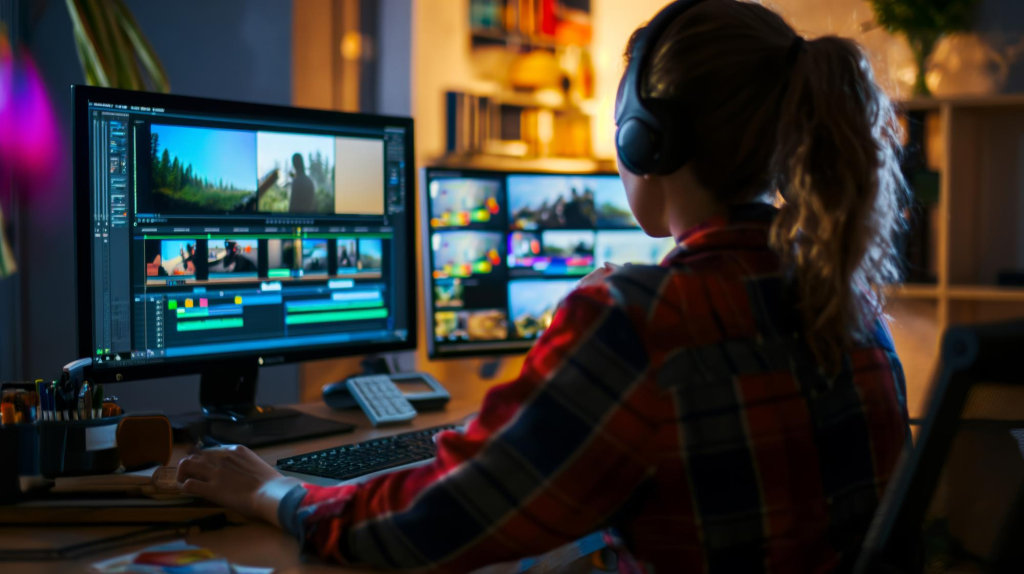 Persona editando vídeo en la pantalla del ordenador con auriculares.