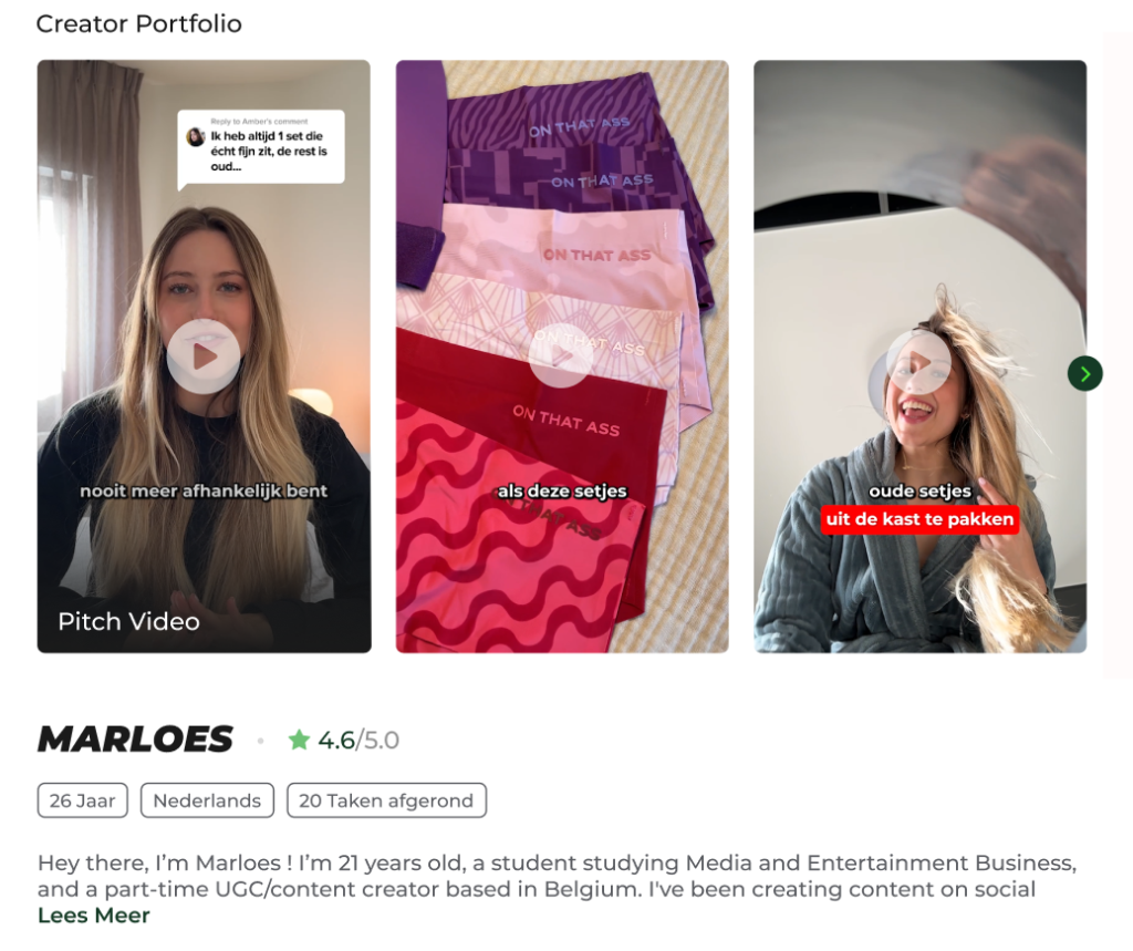 Portfolio de creador con vídeo e imágenes de ropa interior.