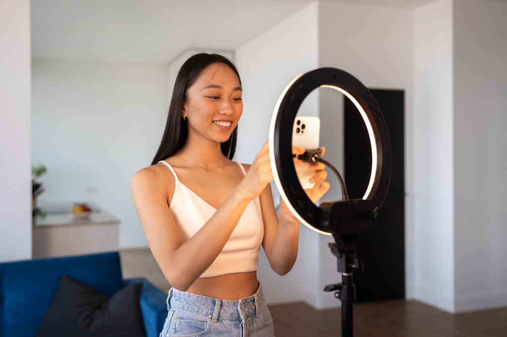 Kvinde laver en video med smartphone og ring light.