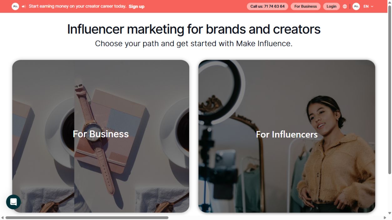 Make Influence homepage screenshot