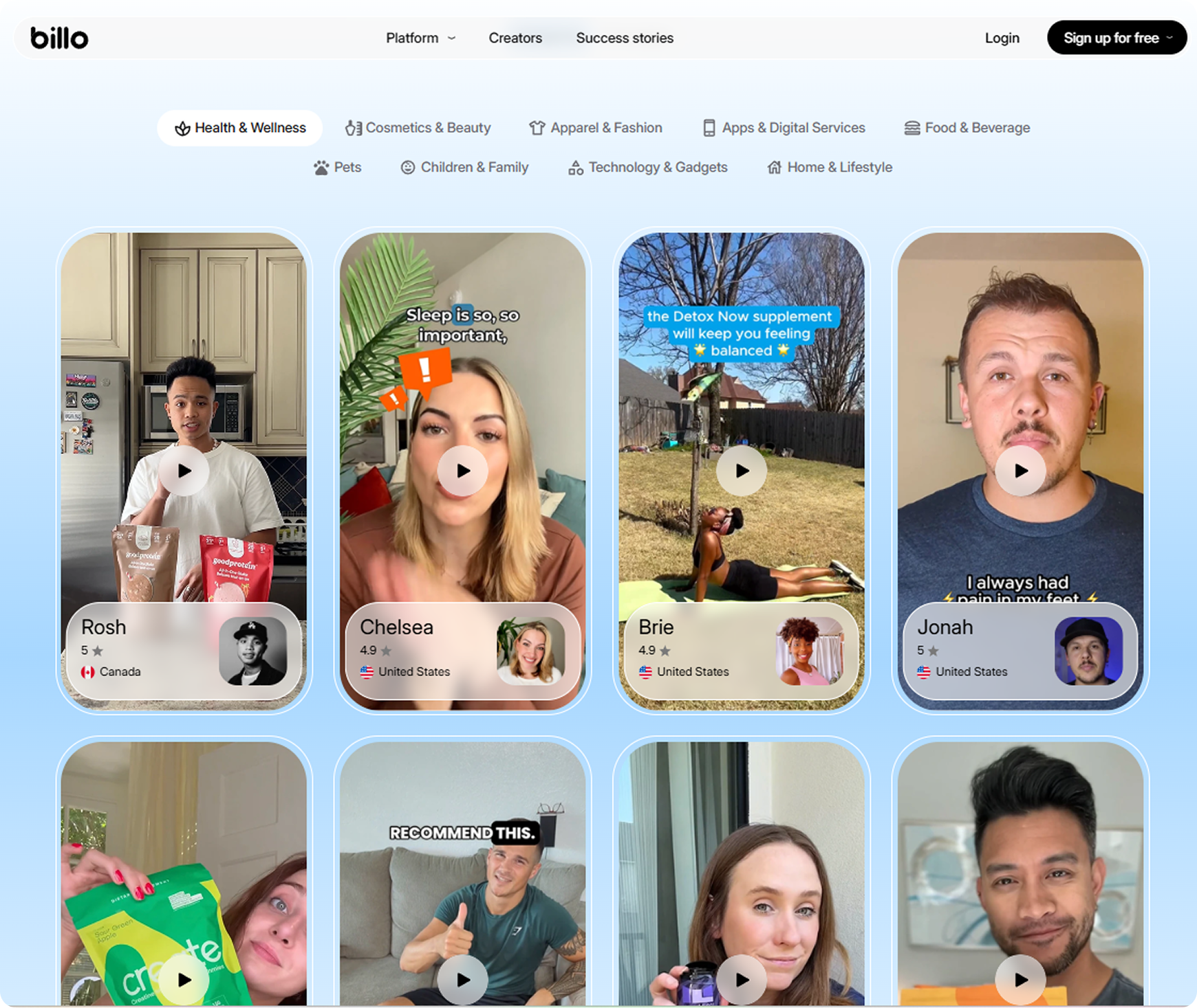Billo creator landing page with category and creator cards.