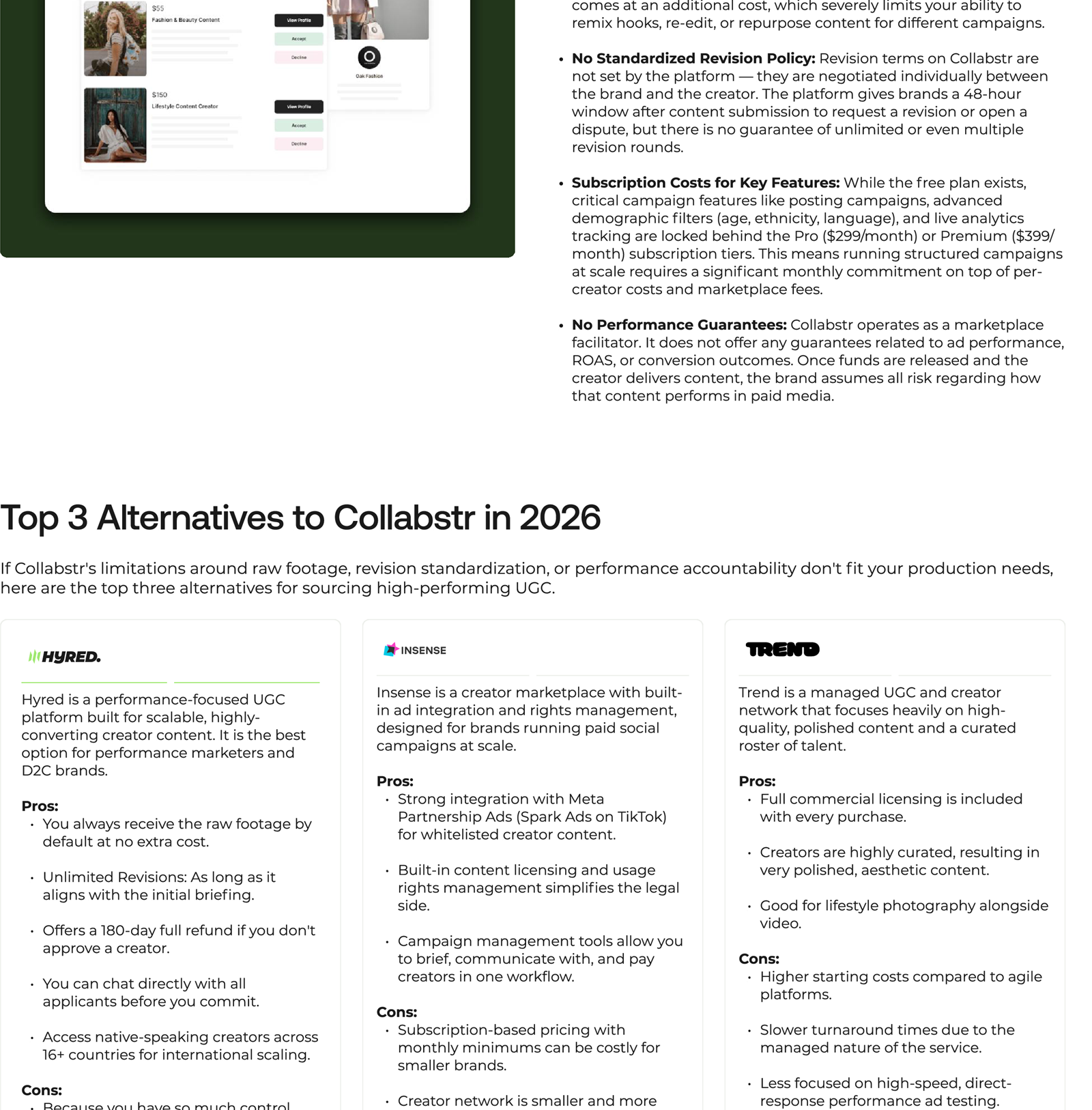 Collabstr creator selection dashboard.