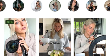 Women with cameras and salad in various settings.