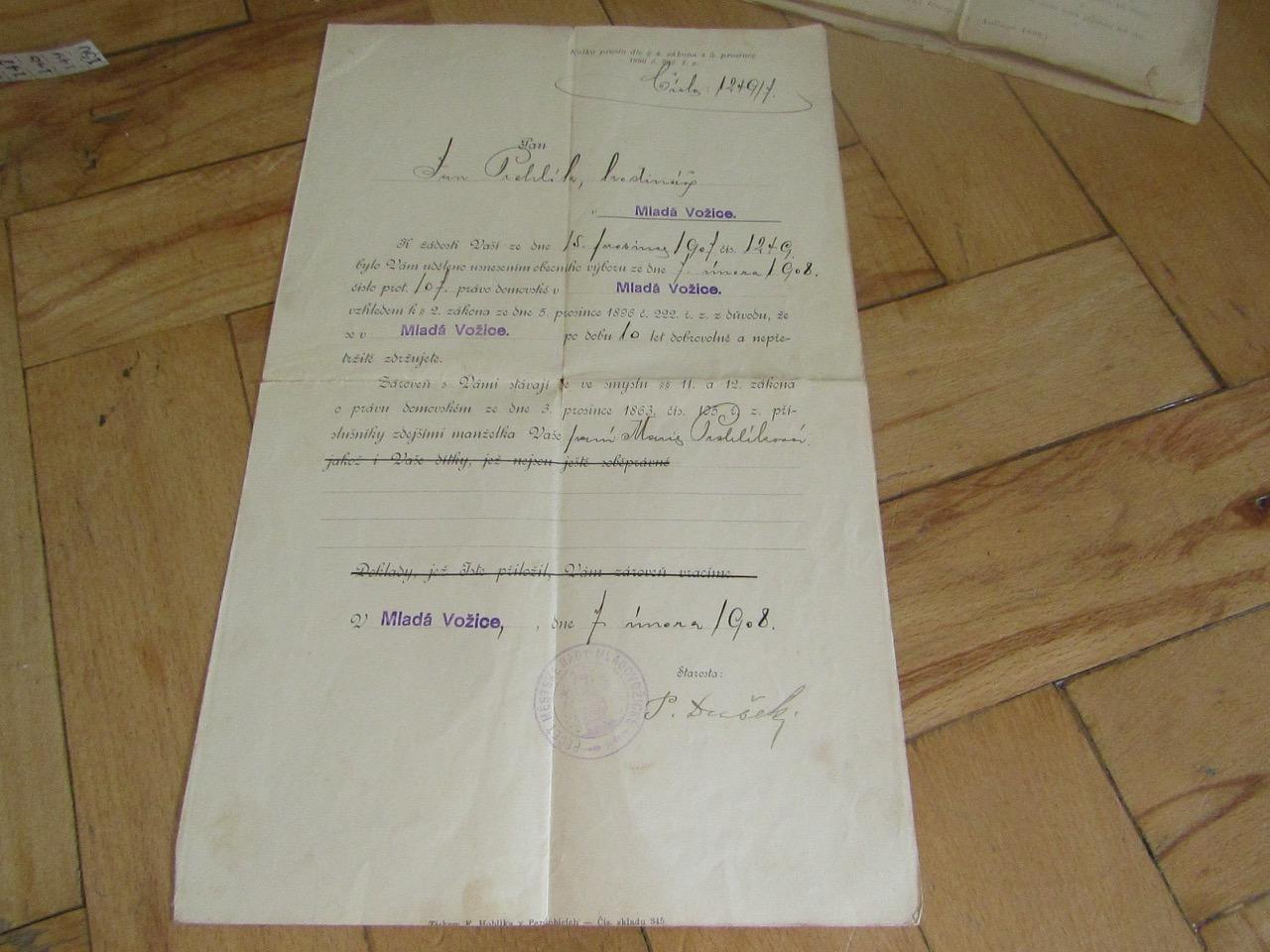 STARÝ DOKUMENT Z ROKU 1908