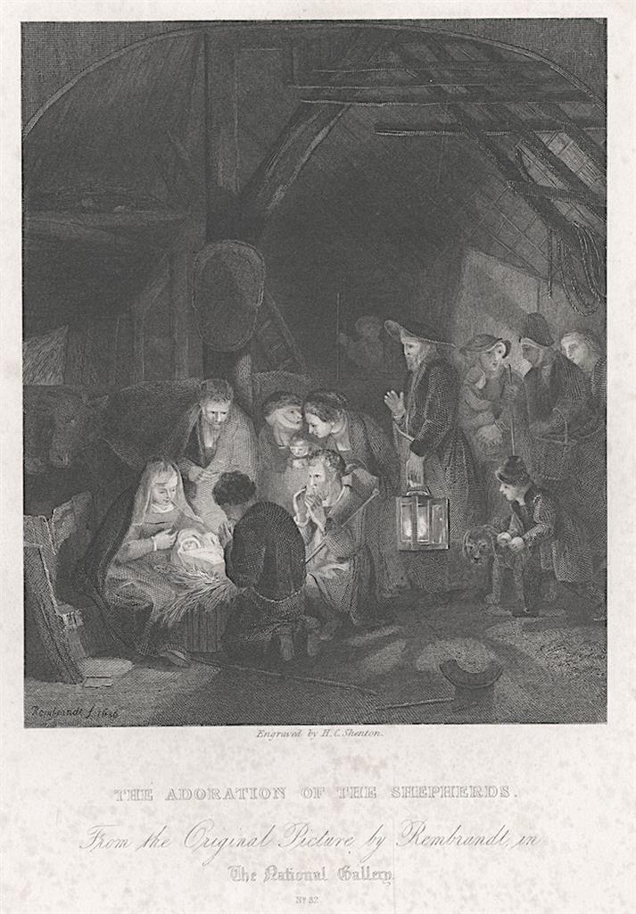 Klanění pastýřů dle Rembrandta, oceloryt, (1860)