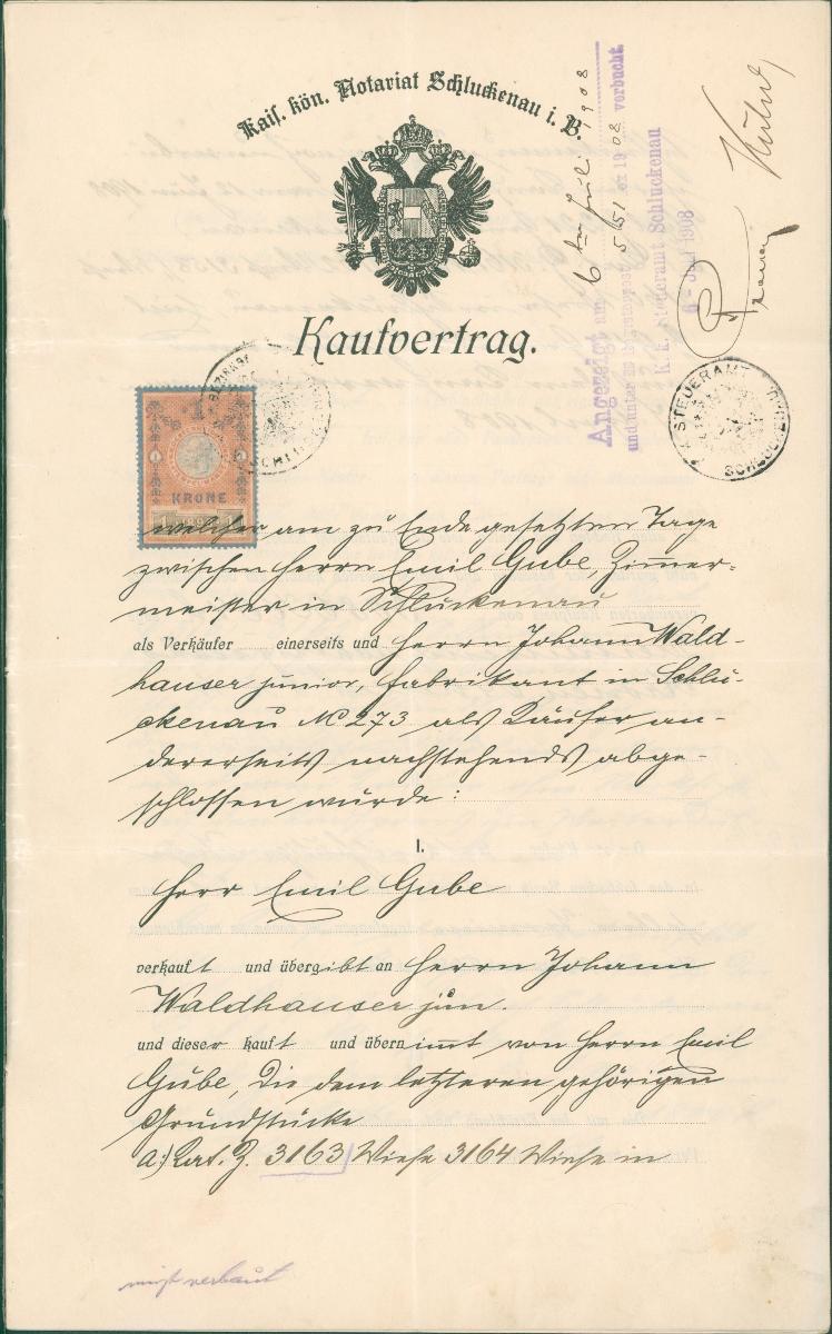 2A1977 Kupní smlouva E. Gube - J. Waldhauser Šluknov, 1908