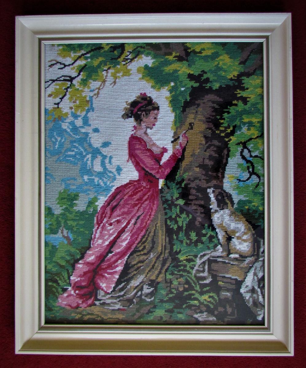Large tapestry under glass - Lady with a dog