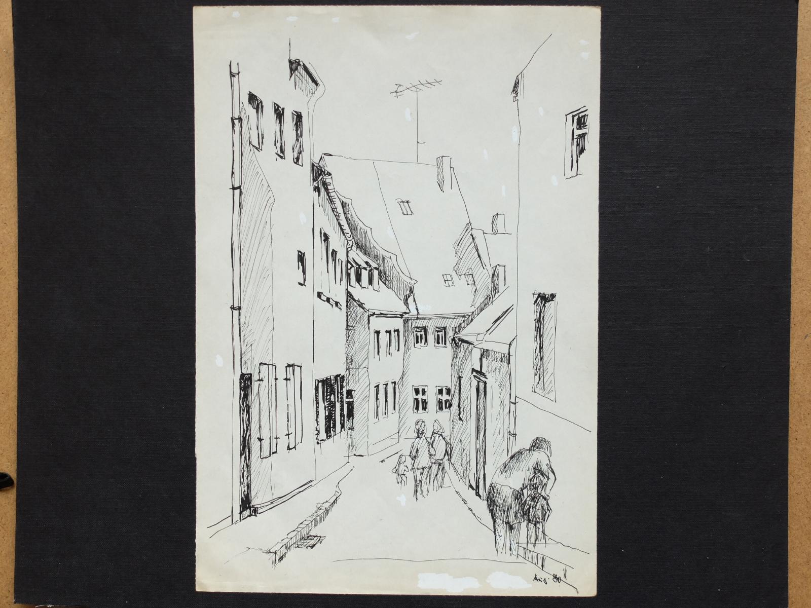 WERNER LEPPI MĚSTO ULIČKA DOMY 1980 KRESBA