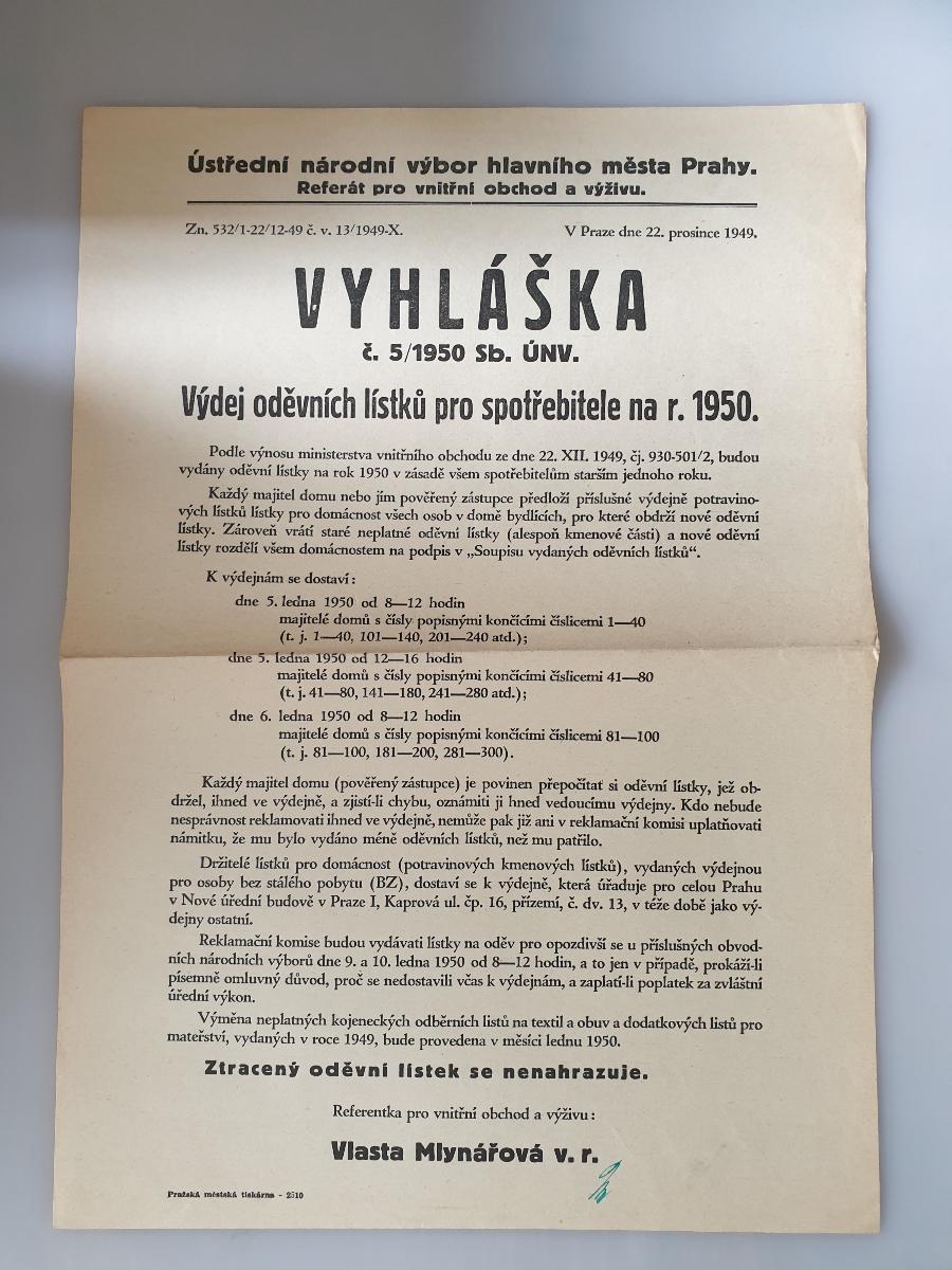 1949VYHLÁŠKAReferát vnitřního obchoduVýdej oděvních lístků