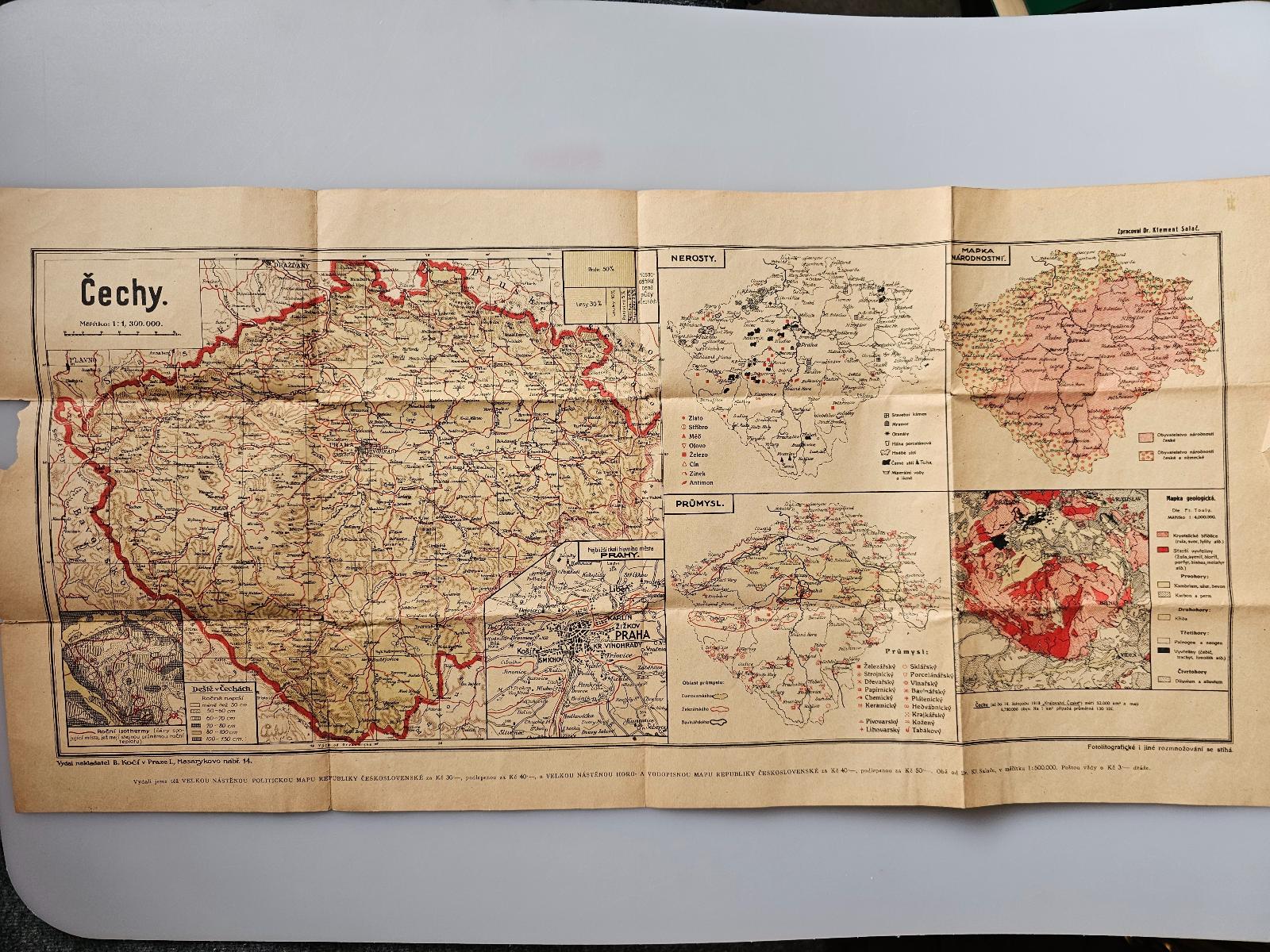 Mapa ČechyNárodnostníNerostyPrůmyslováVydáno 1920