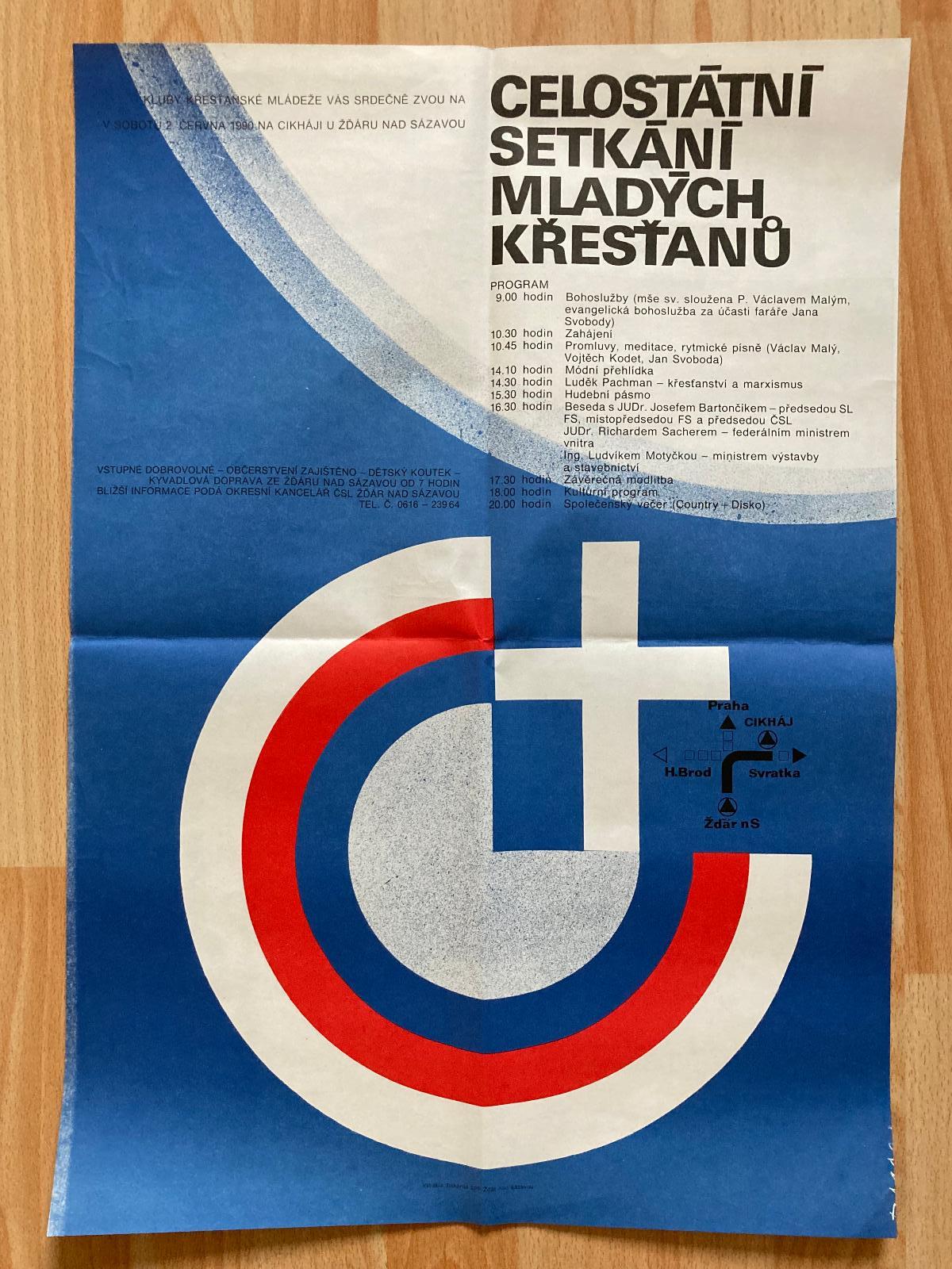 Plakát Celostátní setkání mladých křesťanů, r. 1990, ca 58x41cm