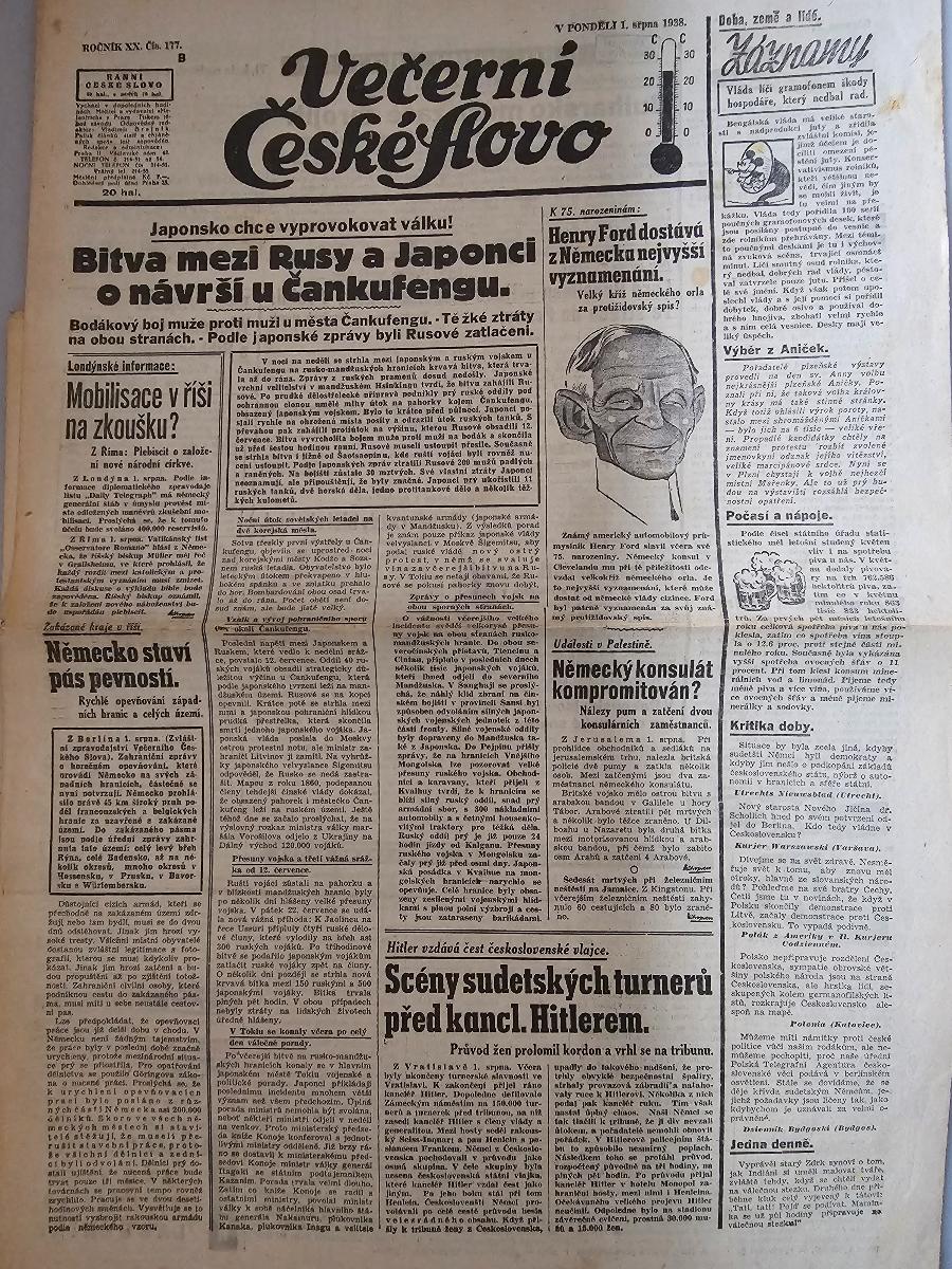 Noviny 1.srpna 1938scény sudetských turnerů před Hitlerem