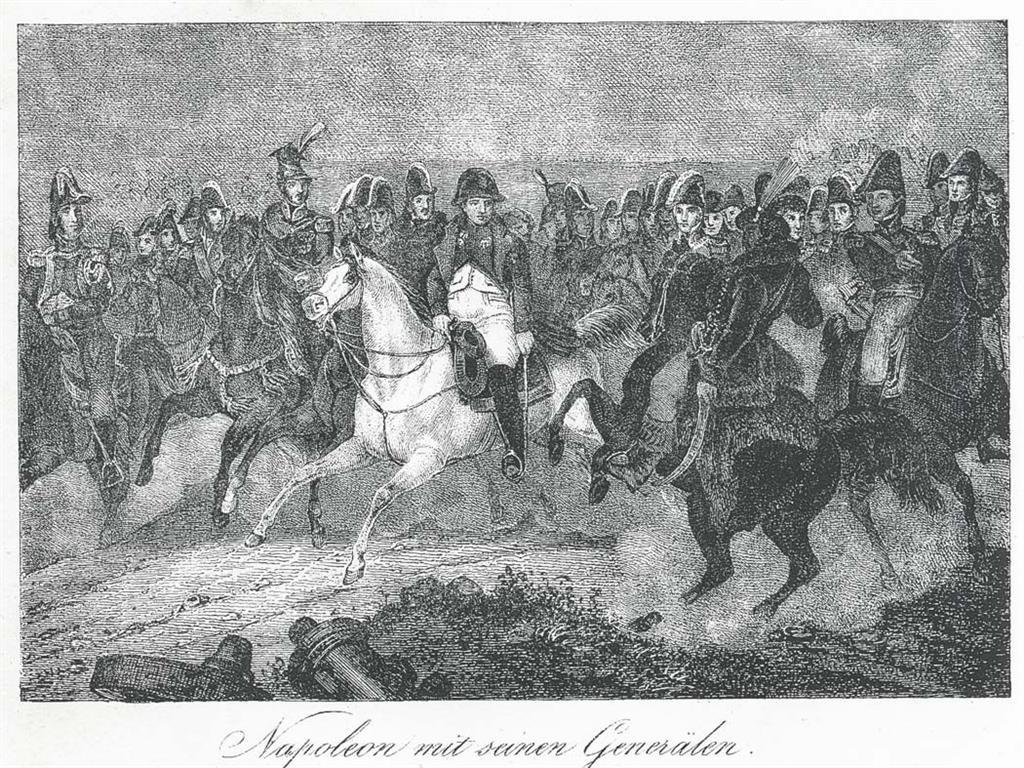 Napoleon a generálové, litografie, 1840