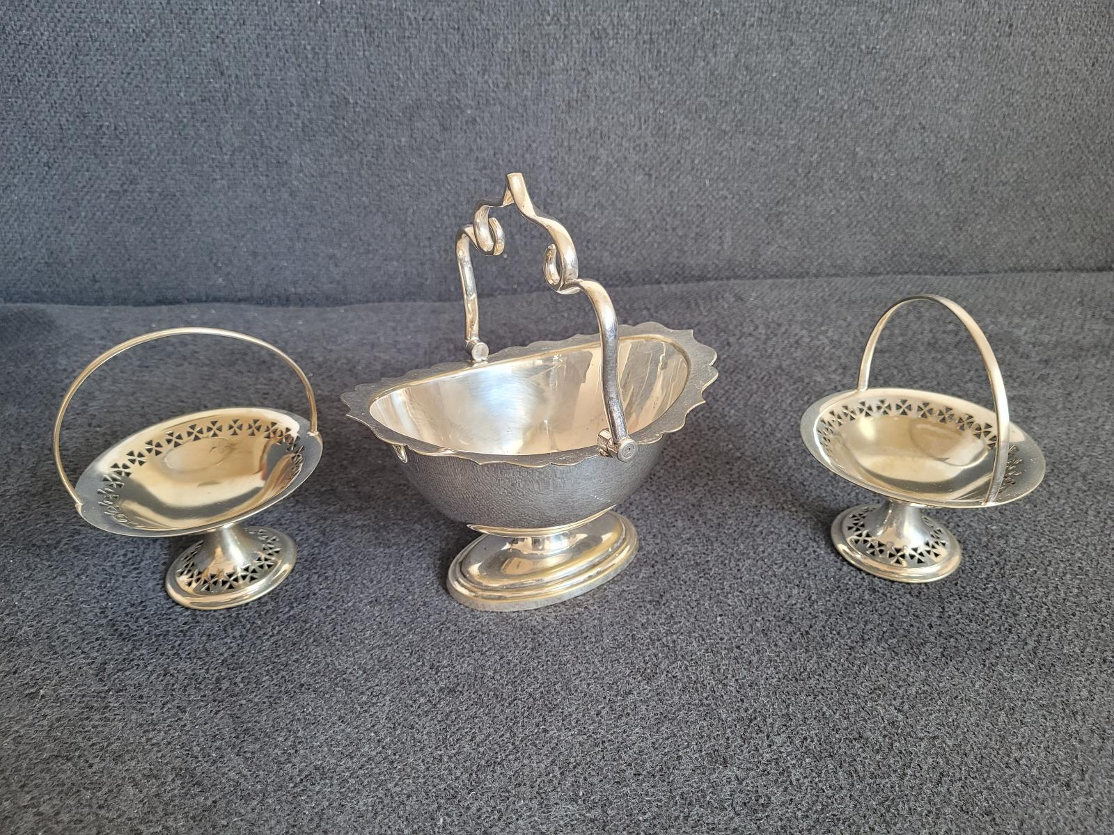 Antique silver sugar bowl + two silver mini vases