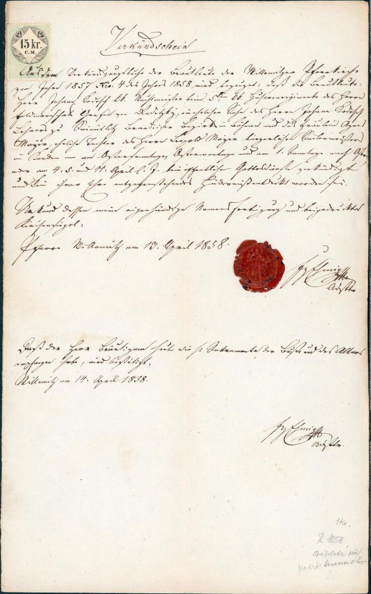 1A2004 OHLÁŠKY r. 1858, KOLEK 15Kr., APOŠTOLSKÁ PEČEŤ