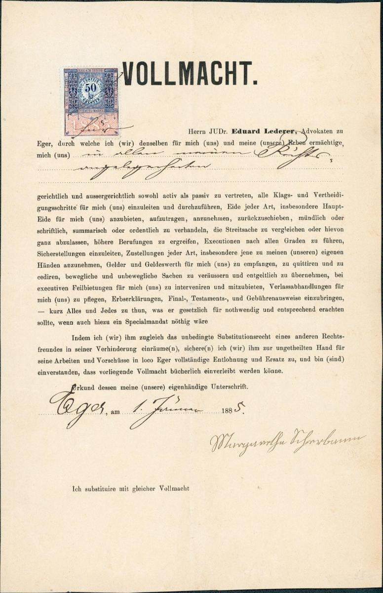 1A2017 PLNÁ MOC - JUDr. E. LEDERER CHEB 1885, KOLEK 50 Kr.
