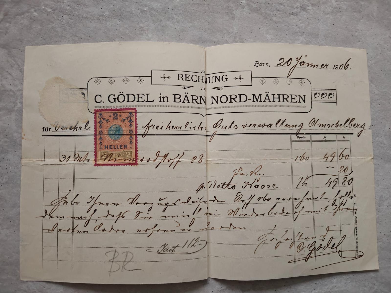 Účet C.Gödel Bärn Moravský Beroun 1906