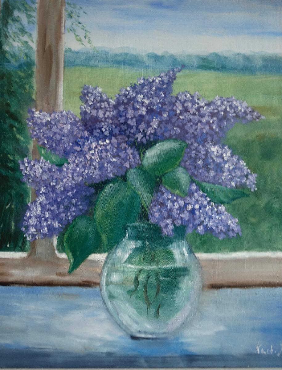 Šeříky u okna - olej 50x40 cm