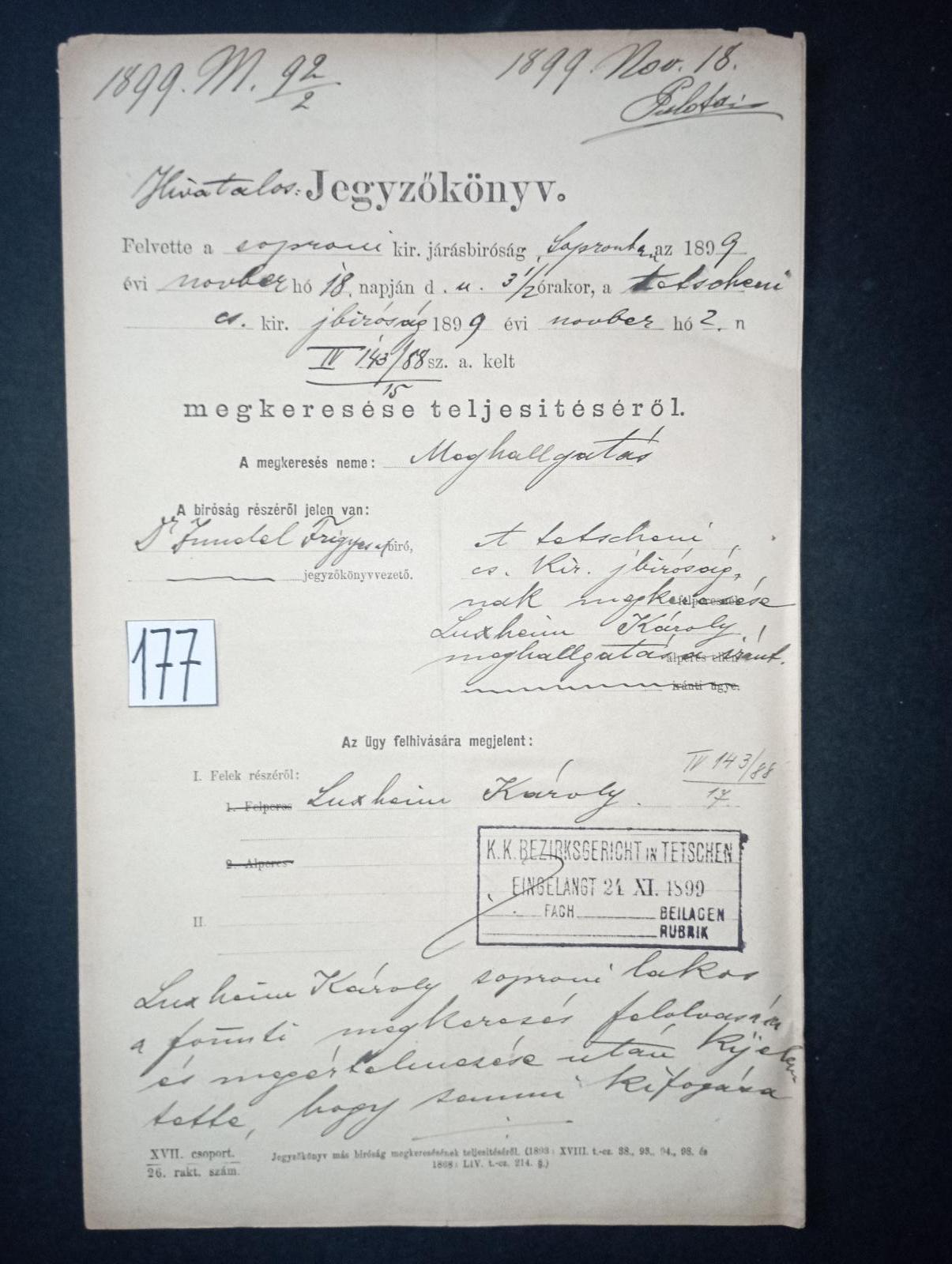 RAKOUSKO-UHERSKO-doklad č. 177 za 1,-Kč