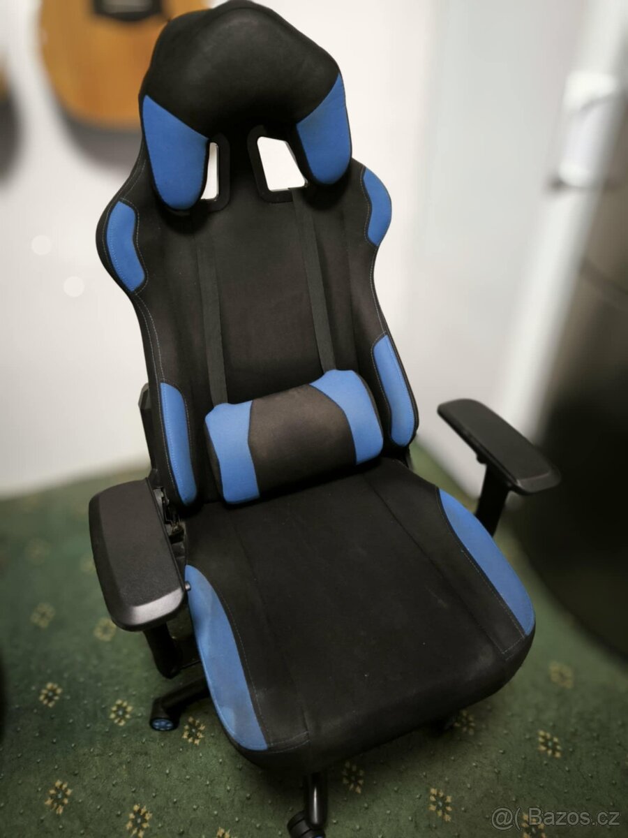 Herní XL racing křeslo - textilní potah, modrá