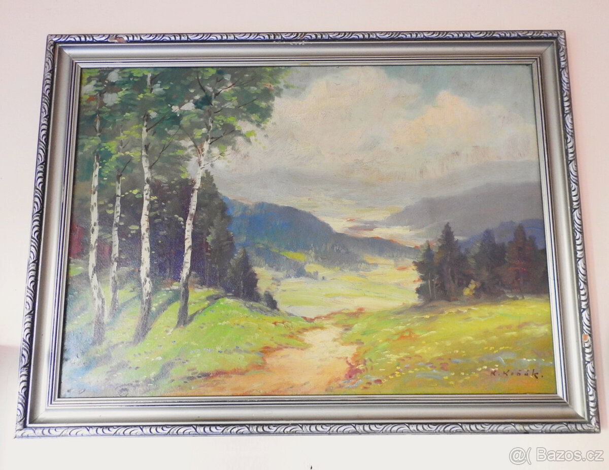 Starožitný Obraz olej pohled do udolí