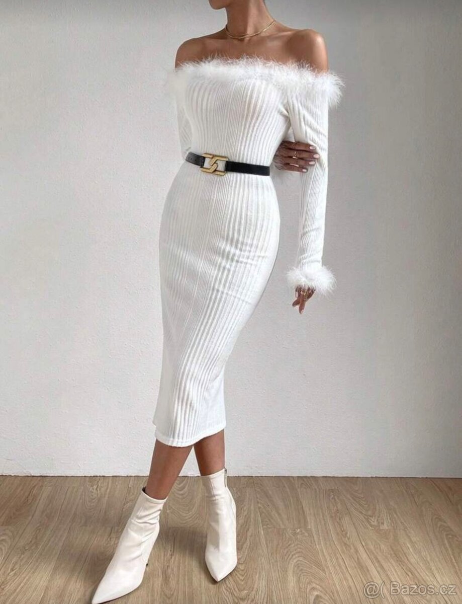 Prodám velmi krásné bílé šaty z úpletu s peřím.