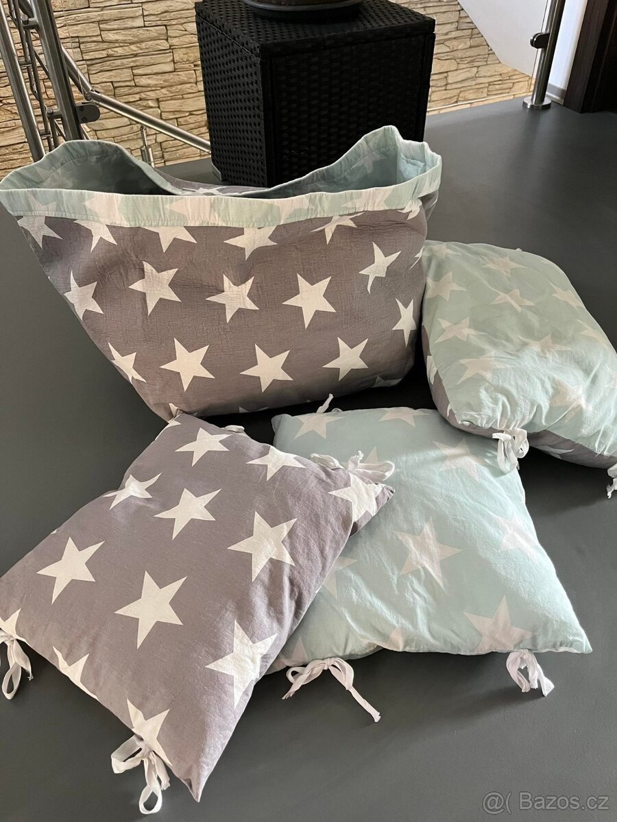 Set - vak na hračky + 3 polštářky tyrkys-šedá