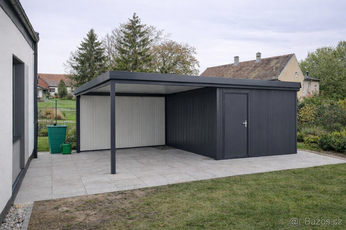 Moderní zahradní domek s terasou – montovaná stavba