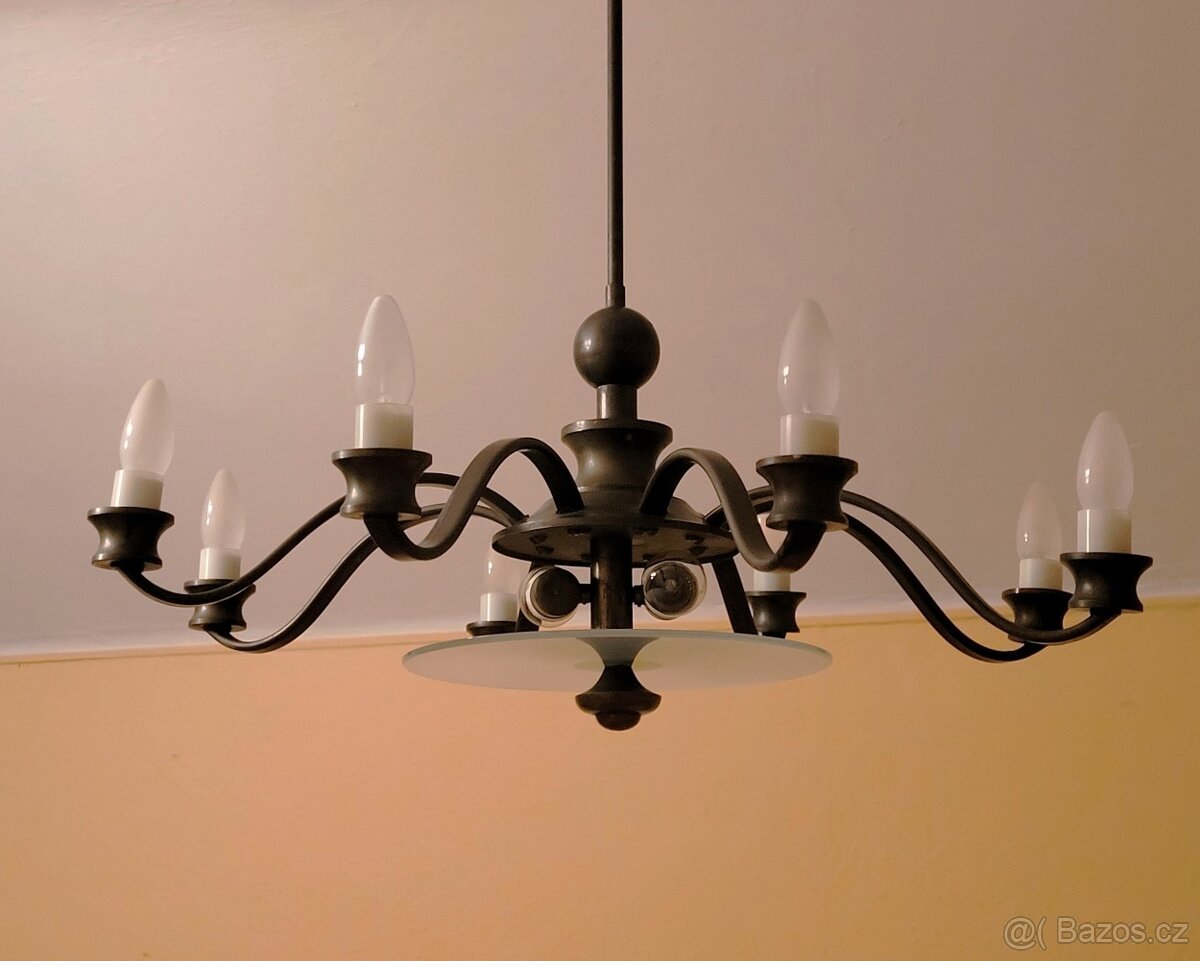 Art Deco 8mi ramenný lustr, středový skleněný širm