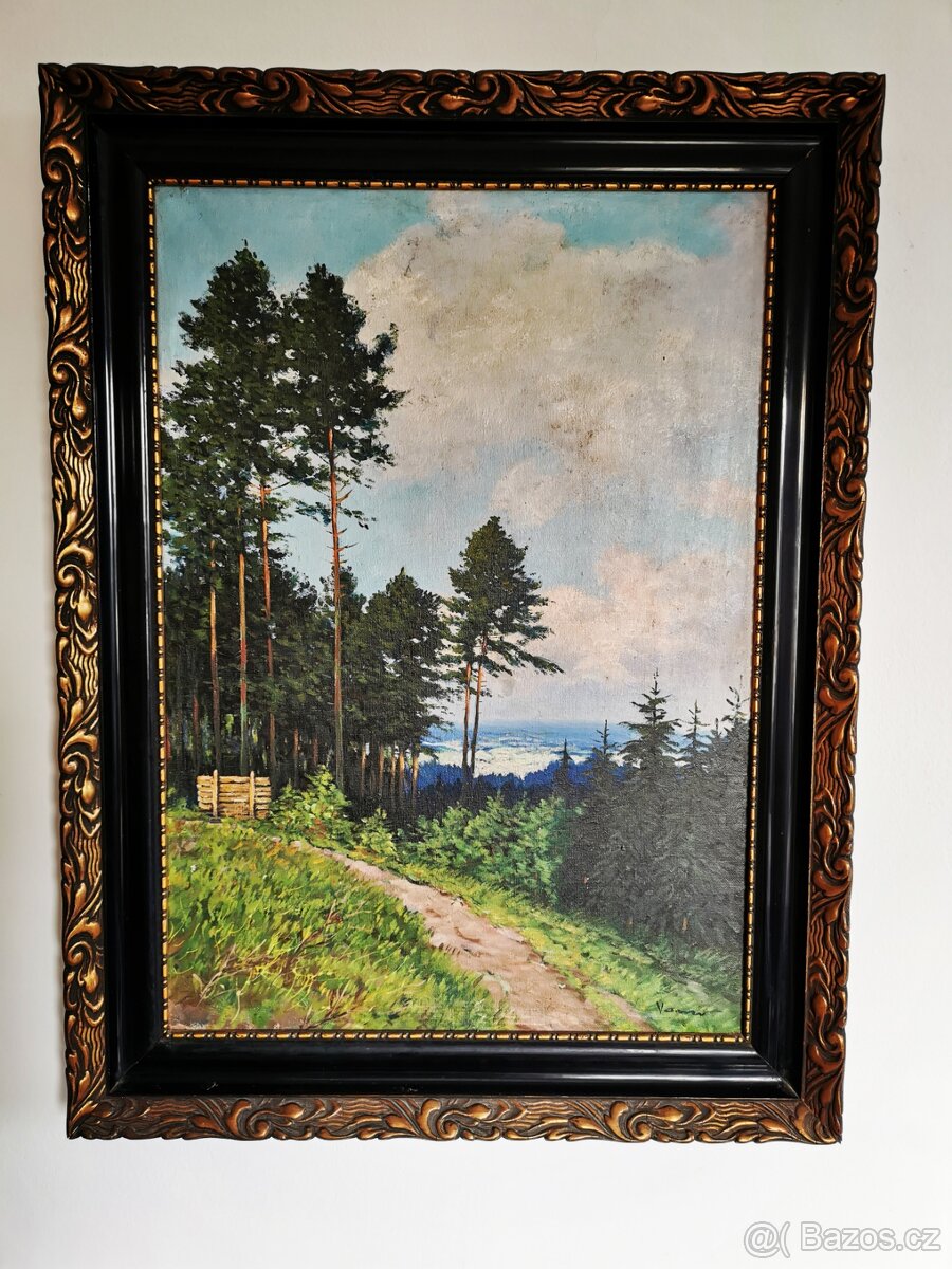Velký prvorepublikový olej plátno z hájovny.