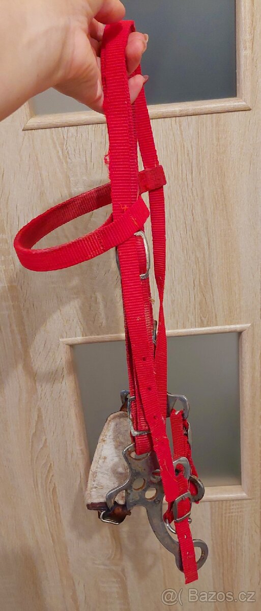 Červená nylonová uzda s koženým hackamore